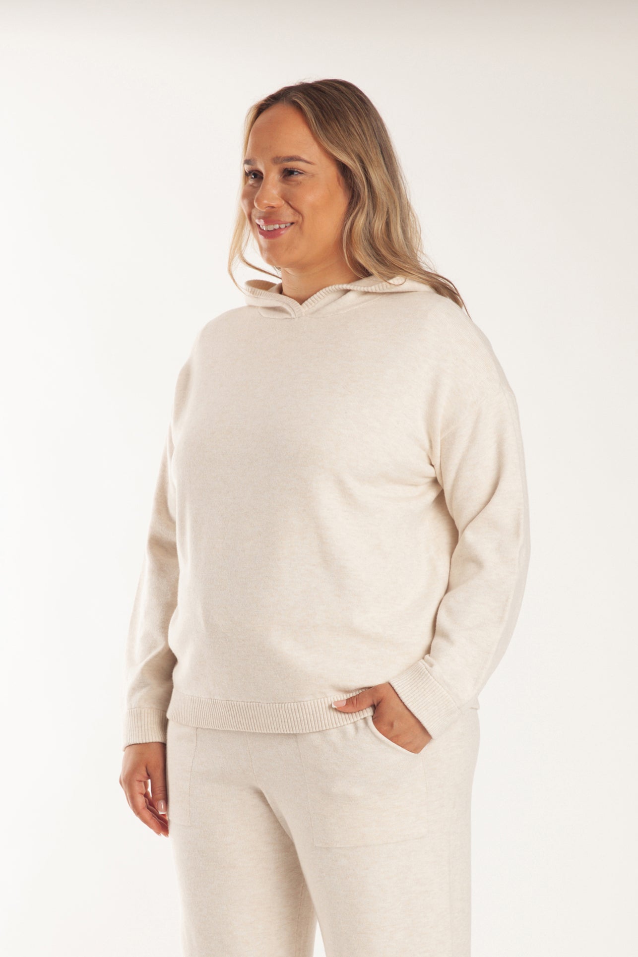 Sweater Knit Hoodie in Heather Beige - Lazypants
