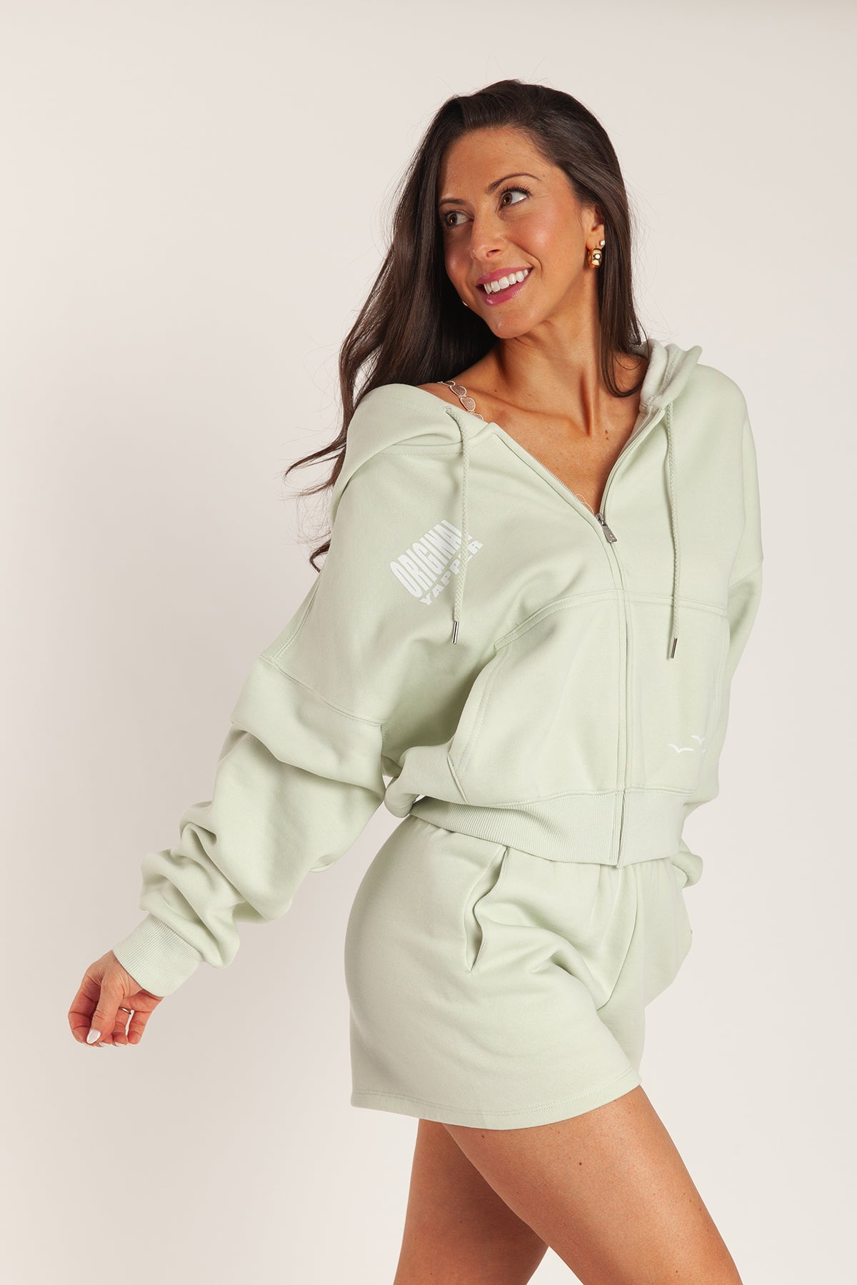 Original Yapper Zip Up Hoodie in silver green