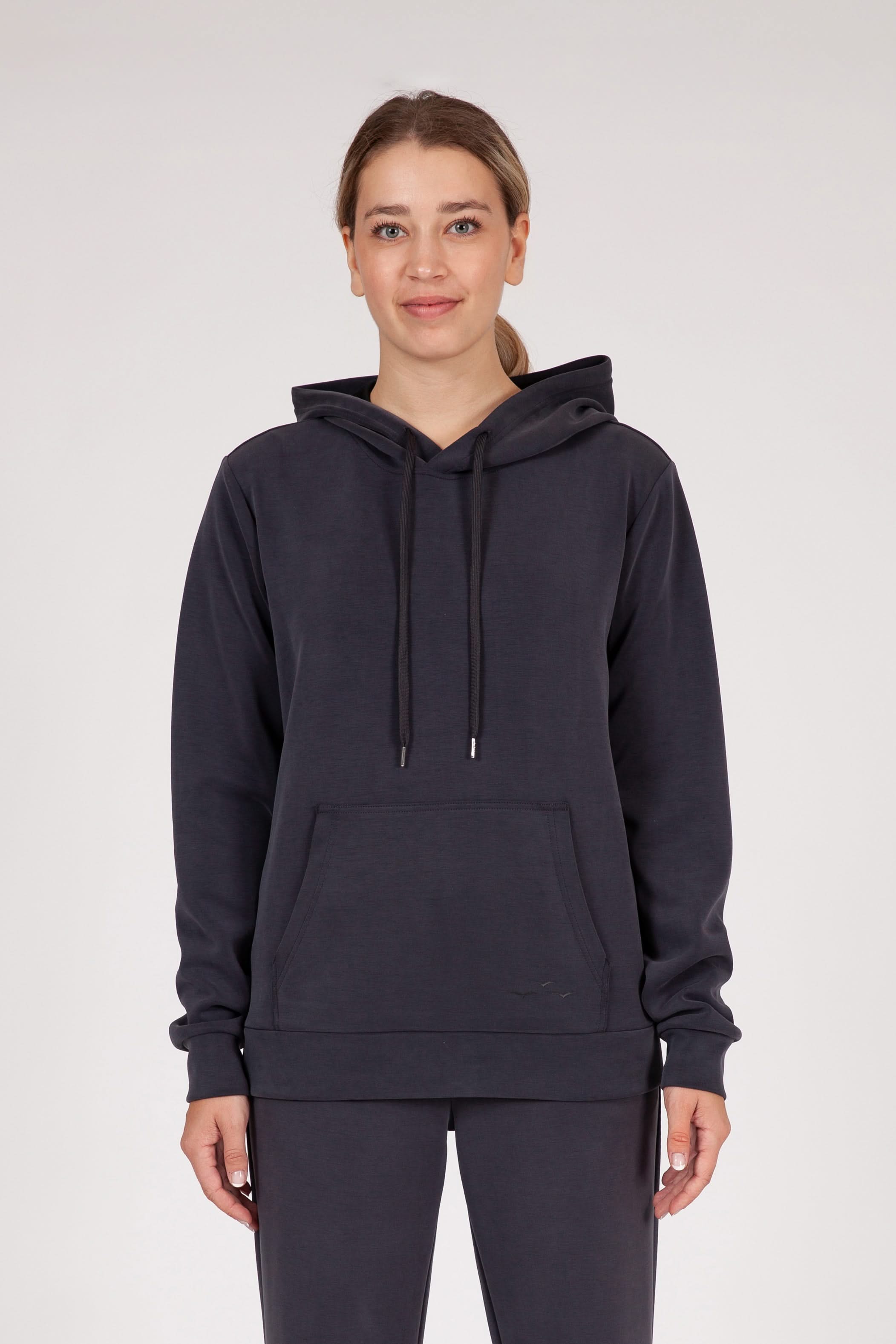 Premium luxe sueded double knit hoodie in charcoal