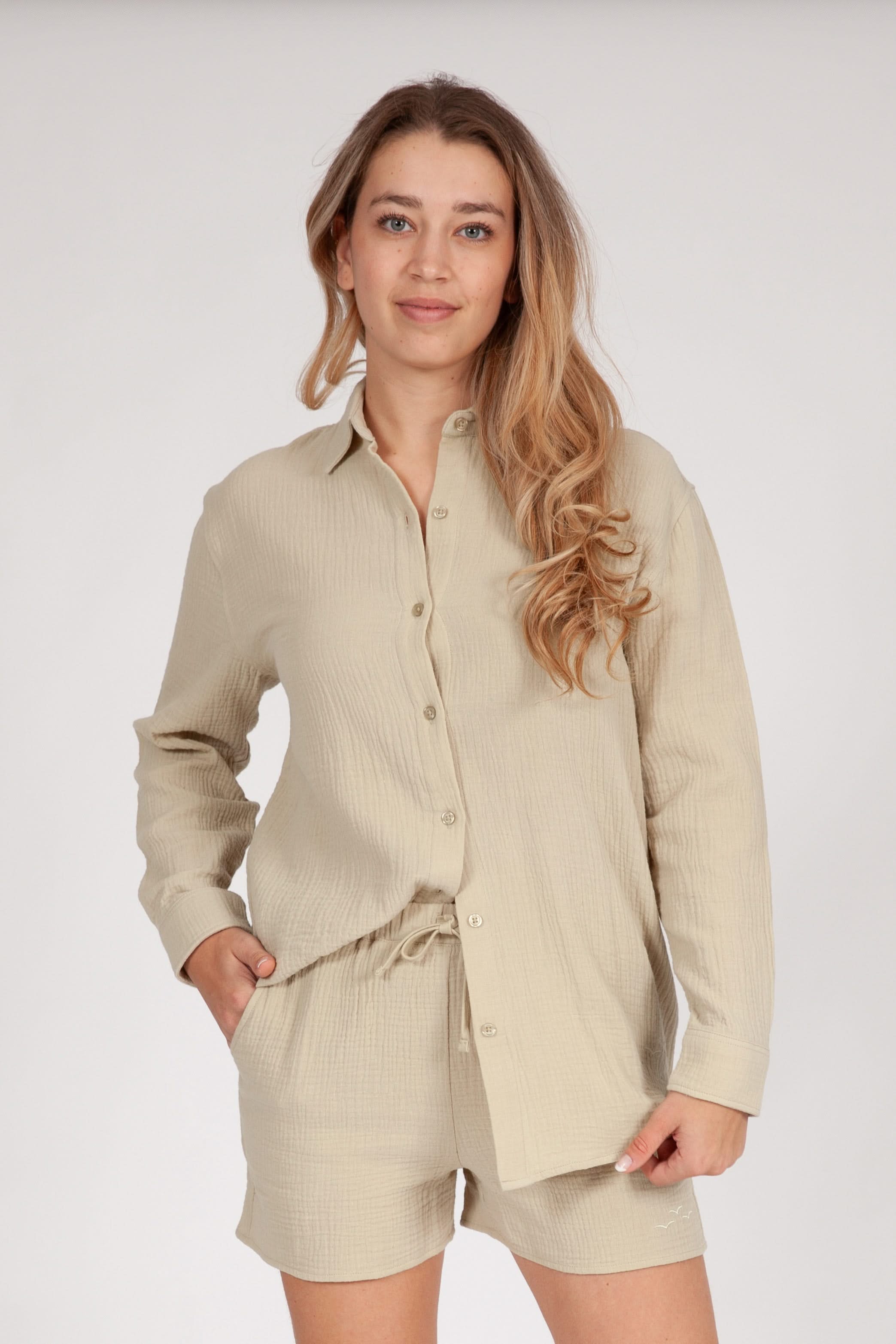 Lightweight cotton gauze button down shirt in pale olive grey