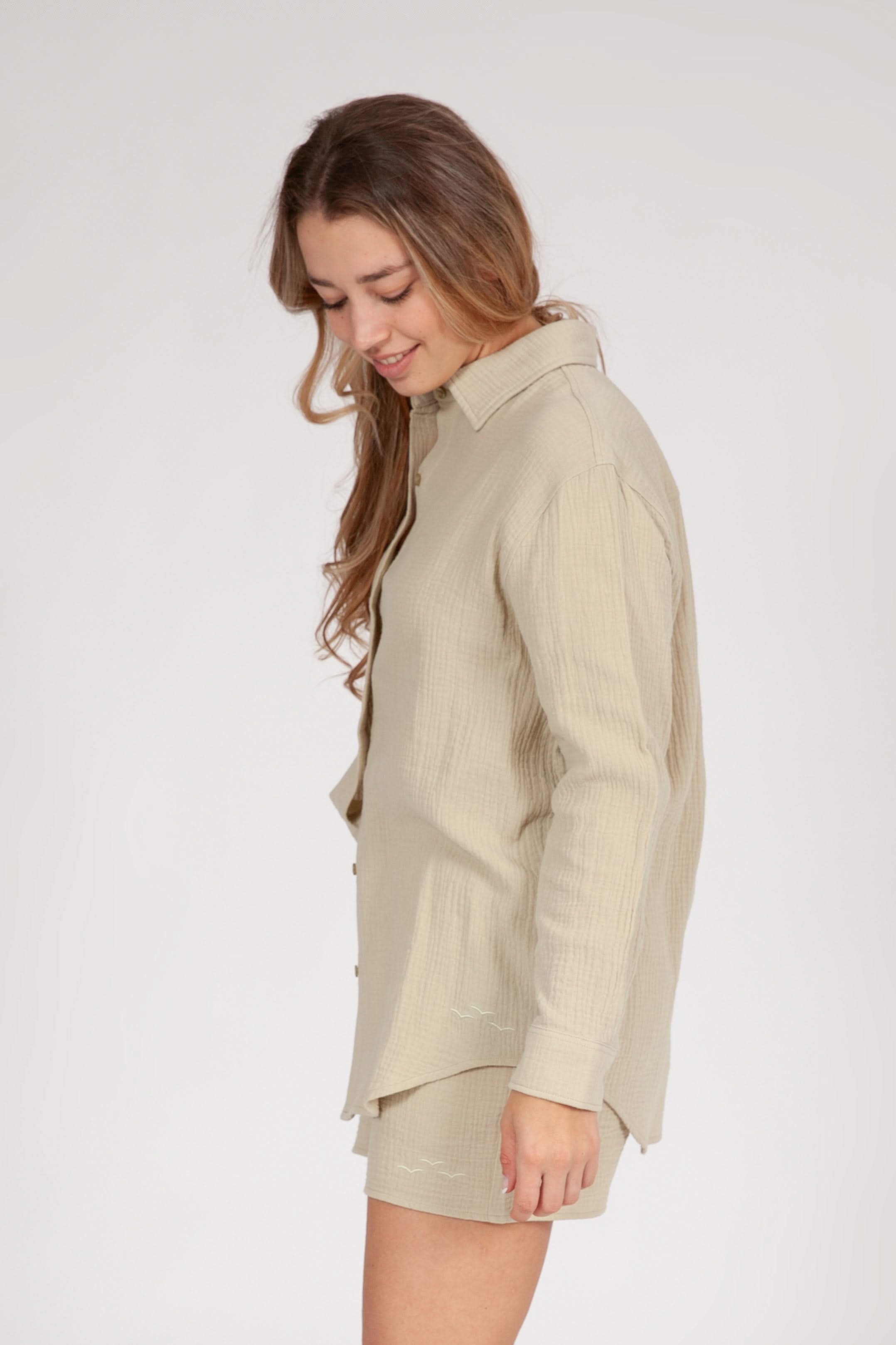 Lightweight cotton gauze button down shirt in pale olive grey