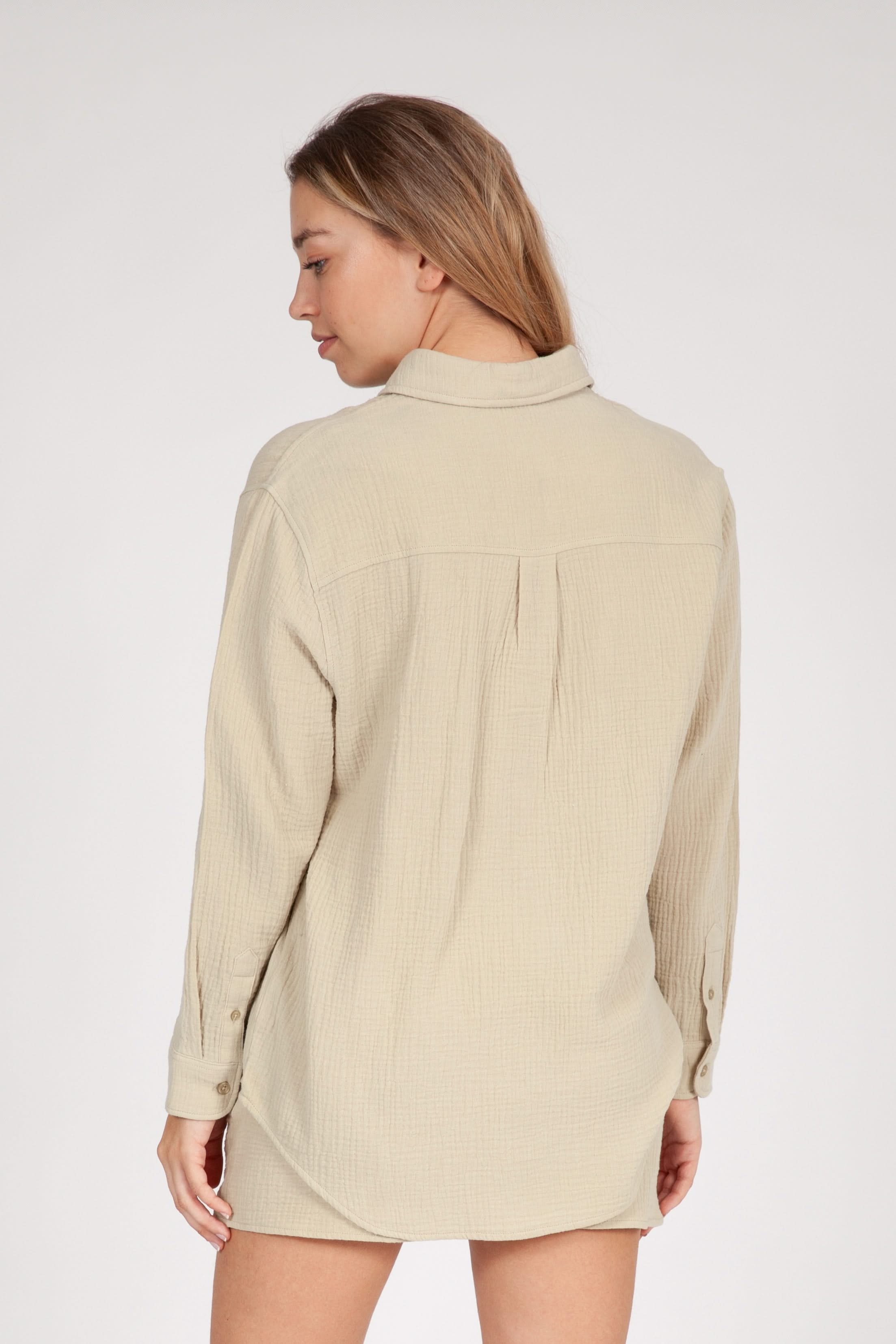 Lightweight cotton gauze button down shirt in pale olive grey
