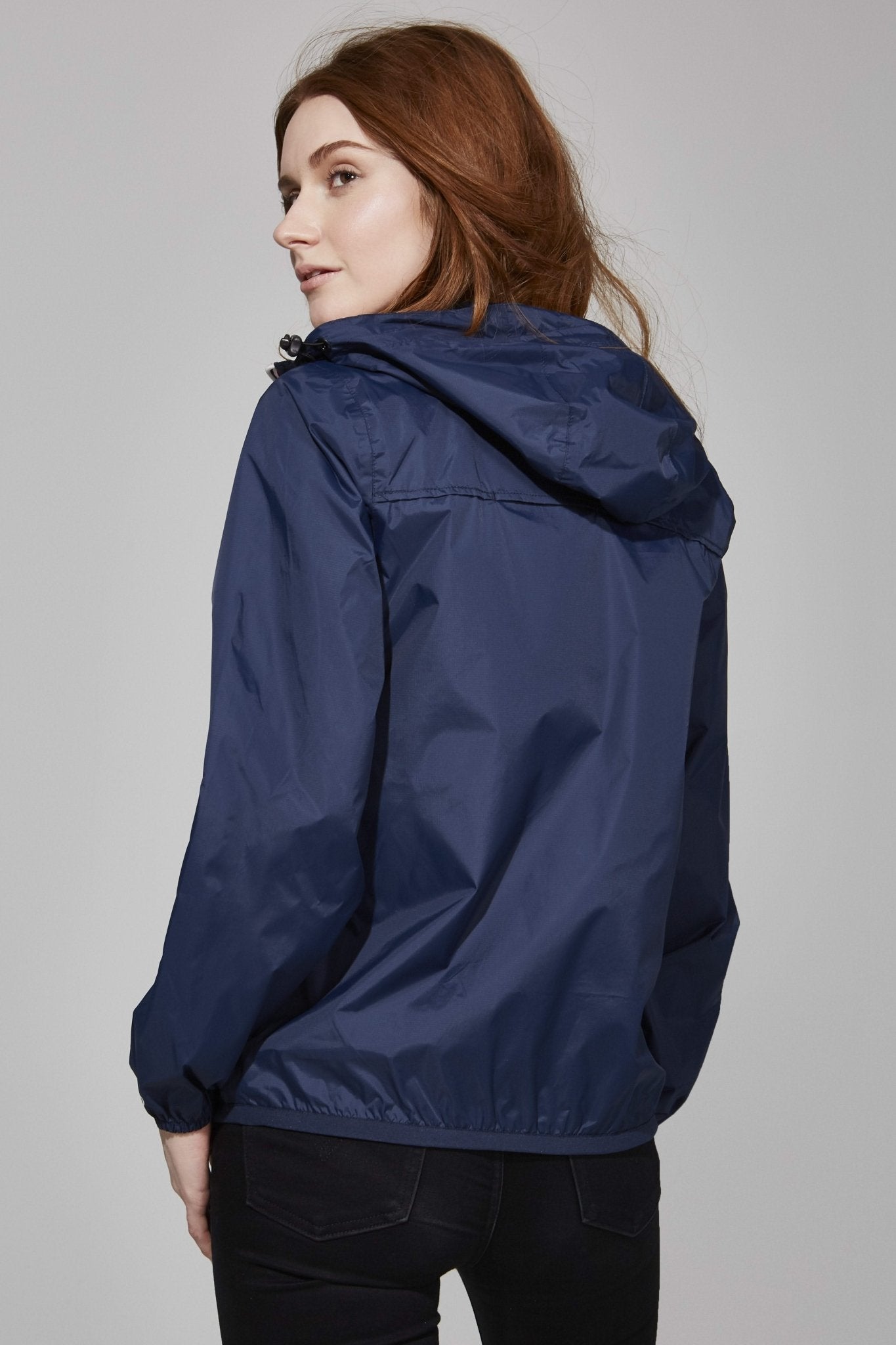 Women's navy full zip packable rain jacket and windbreaker - Lazypants