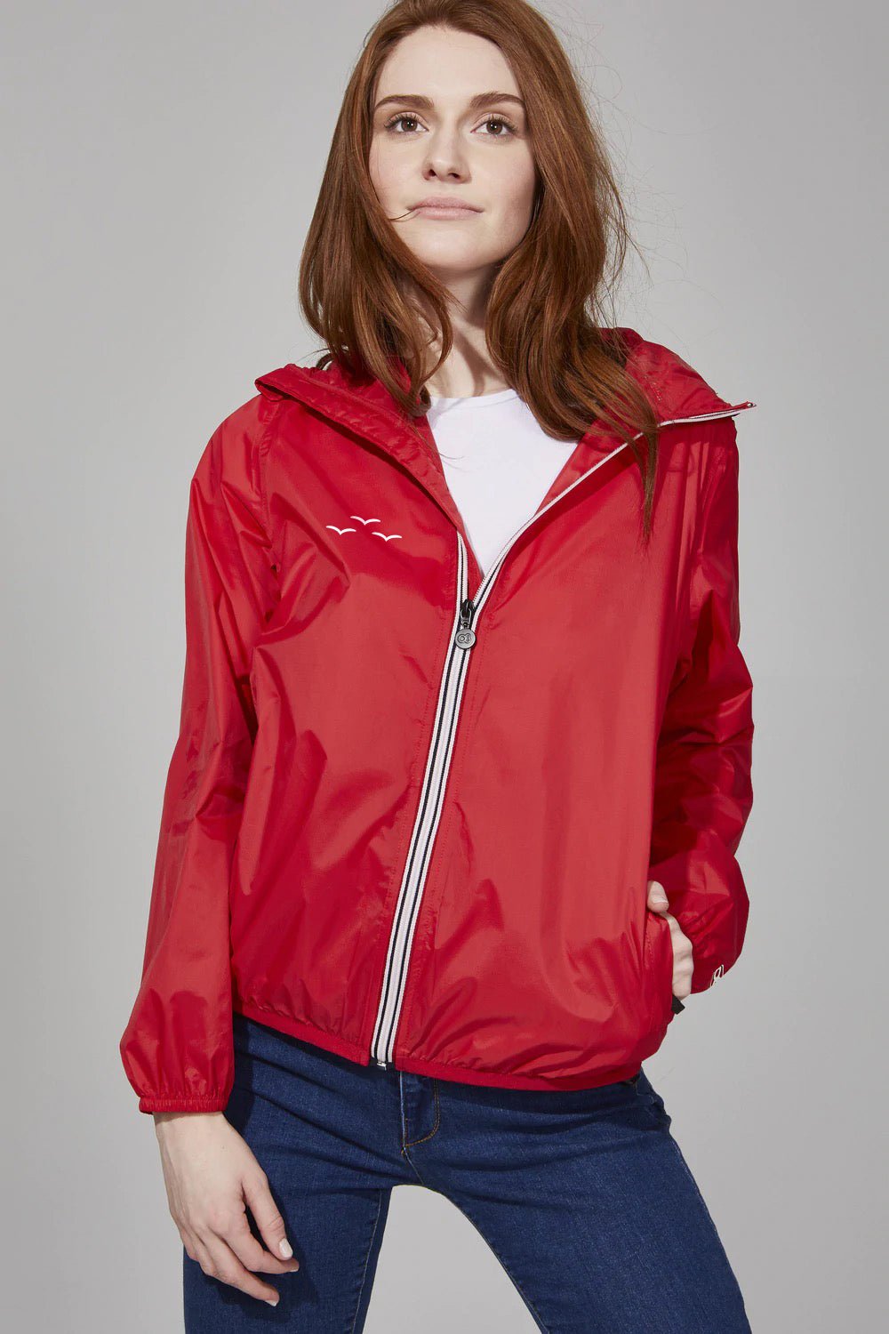 Women's red full zip packable rain jacket and windbreaker - Lazypants