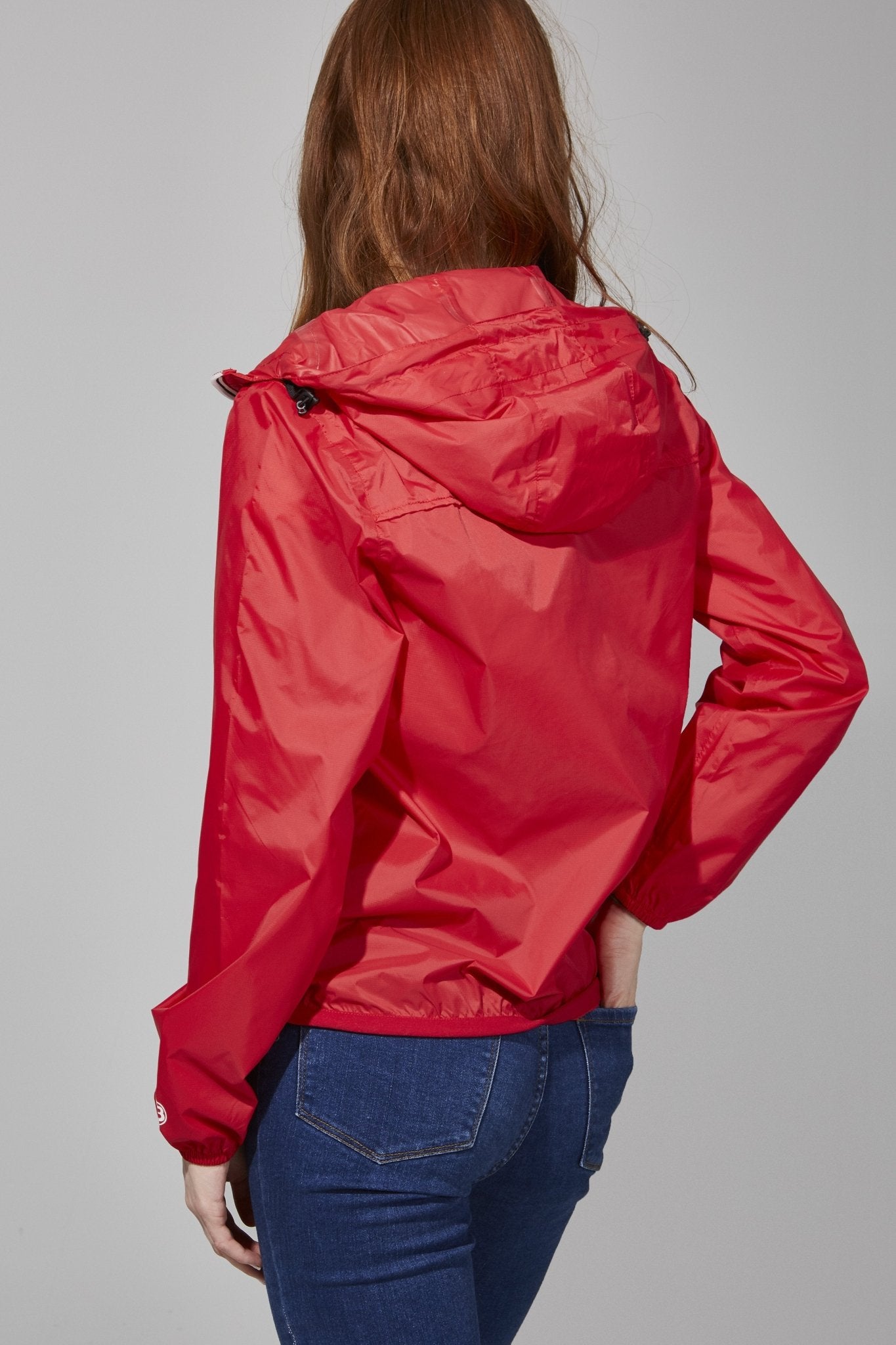 Women's red full zip packable rain jacket and windbreaker - Lazypants