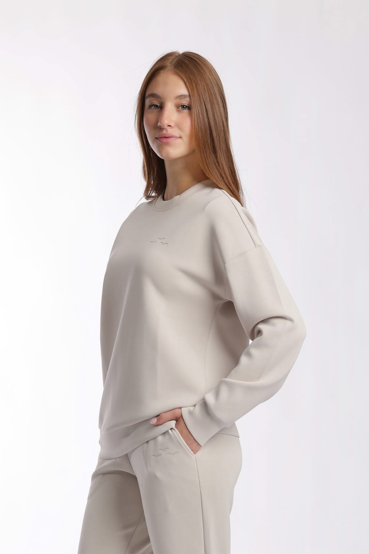 Premium luxe sueded double knit crewneck sweatshirt in bone