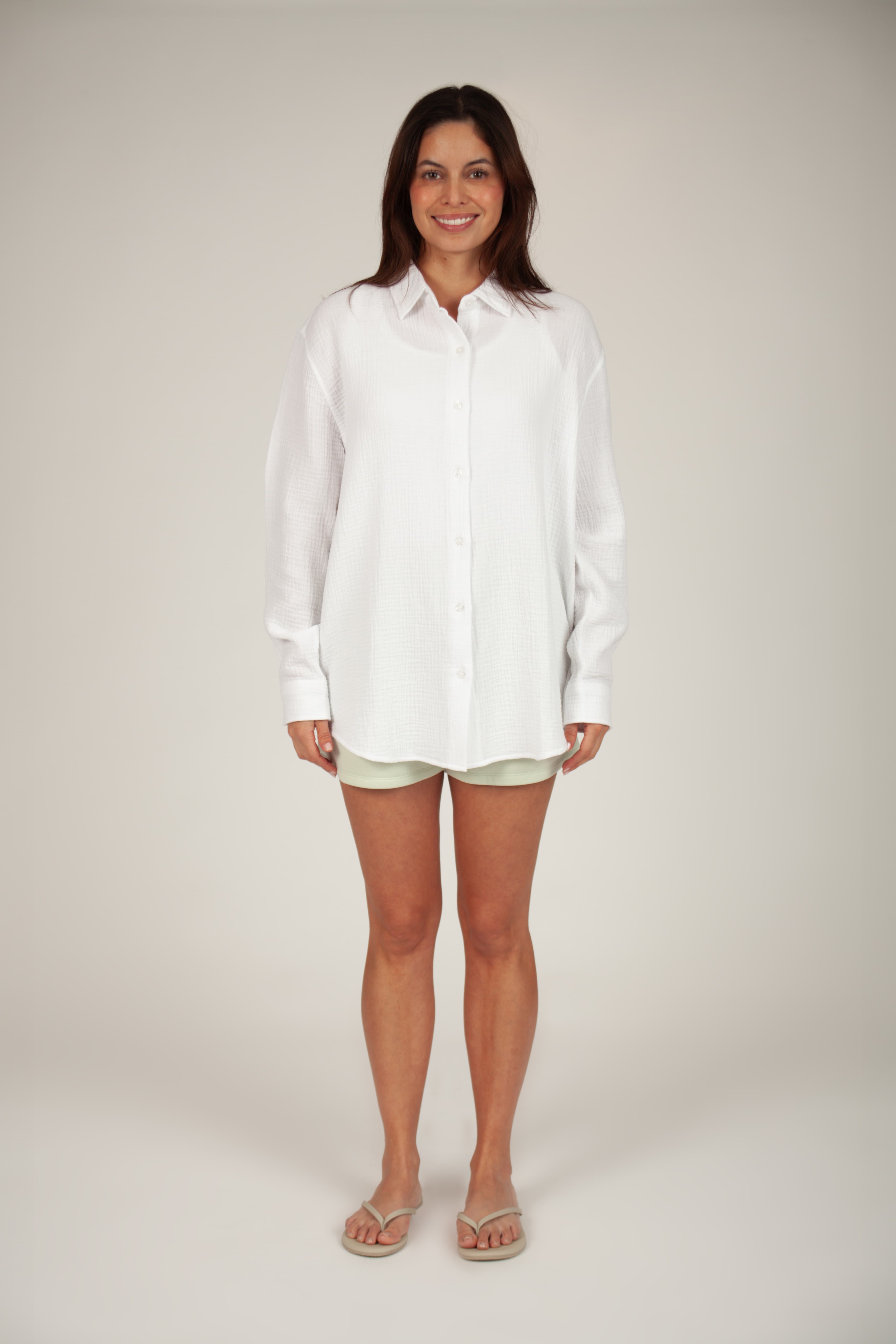 Lightweight cotton gauze button down shirt in bright white
