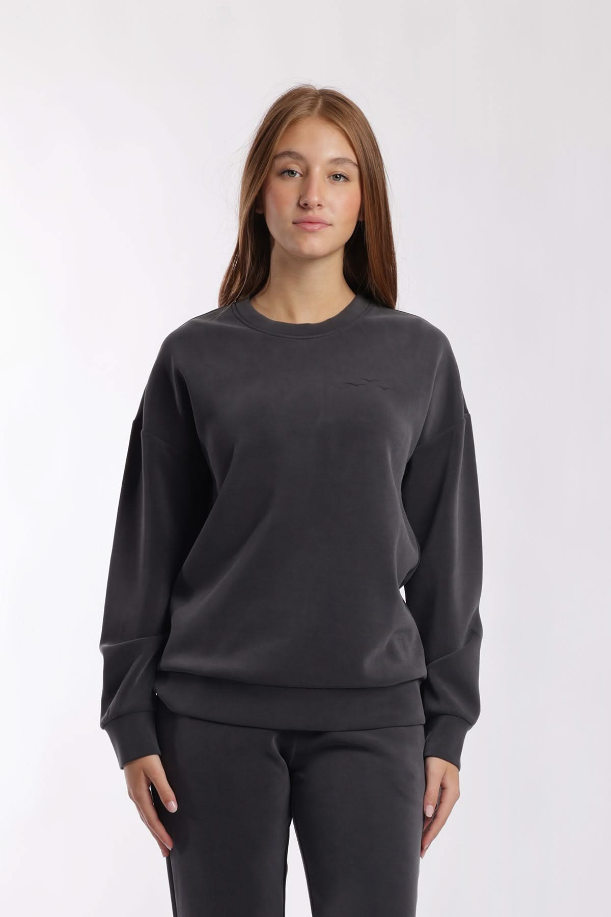 Premium luxe sueded double knit crewneck sweatshirt in charcoal