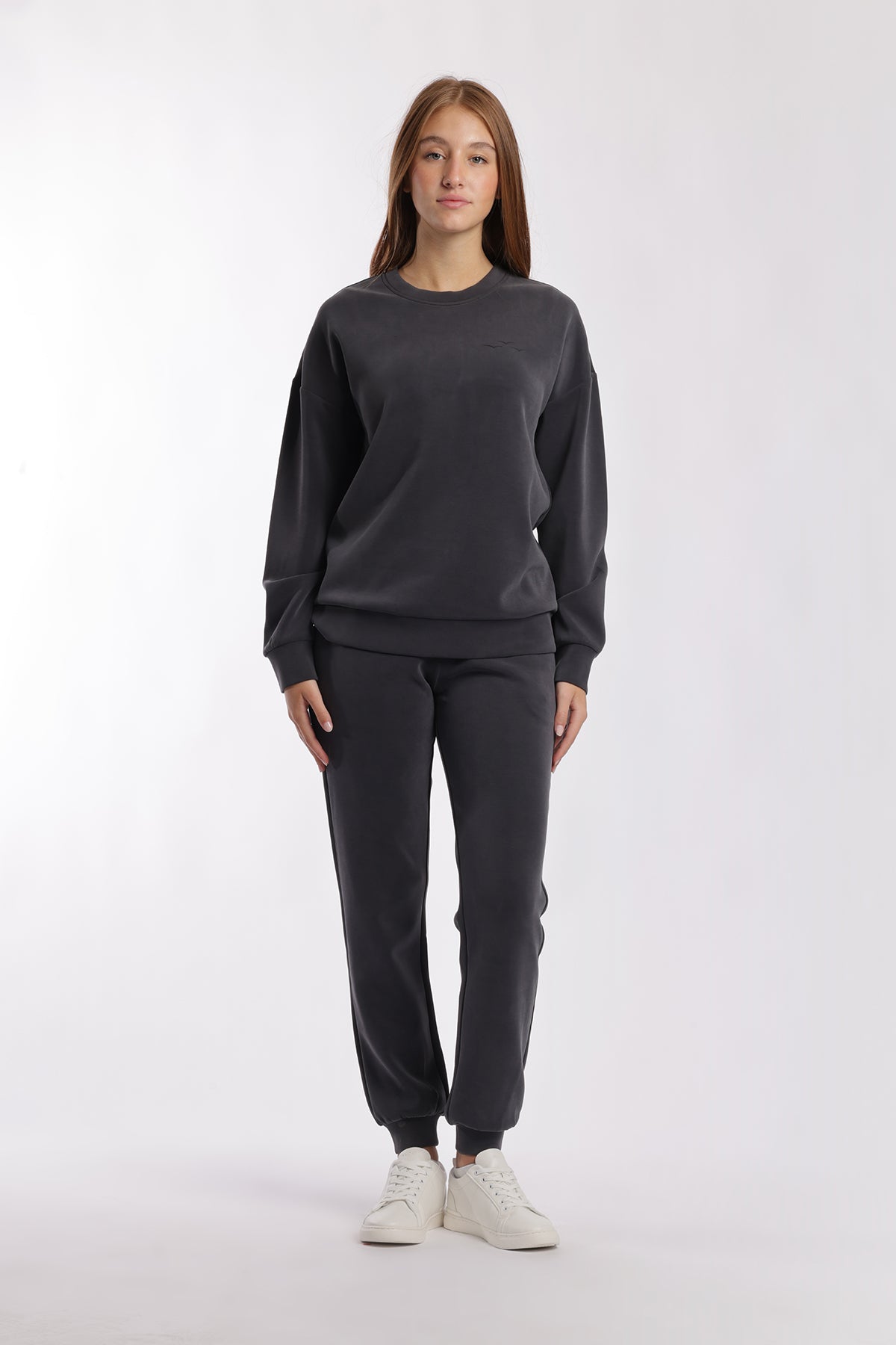 Premium luxe sueded scuba crewneck and jogger set in charcoal