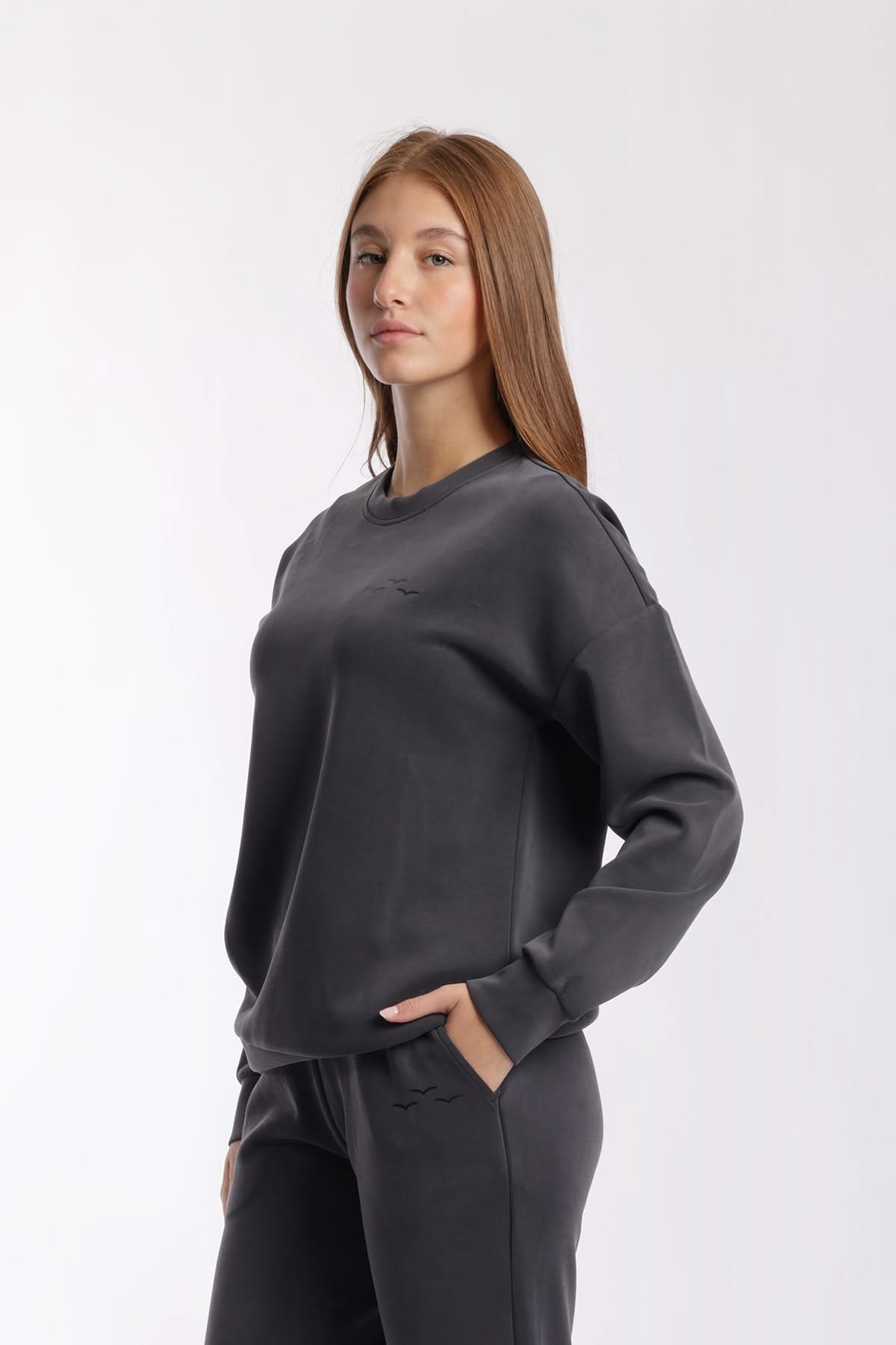 Premium luxe sueded double knit crewneck sweatshirt in charcoal