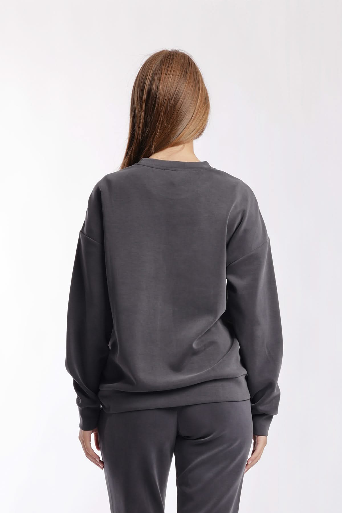 Premium luxe sueded double knit crewneck sweatshirt in charcoal