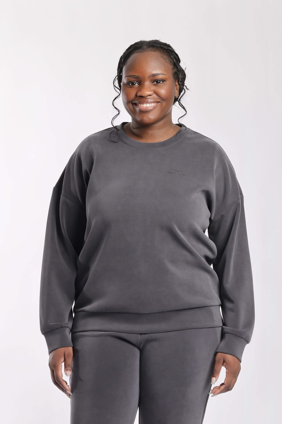 Premium luxe sueded double knit crewneck sweatshirt in charcoal