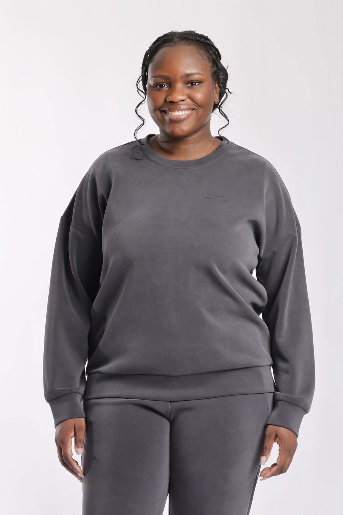 Luxe sueded double knit crewneck sweatshirt in charcoal - Lazypants