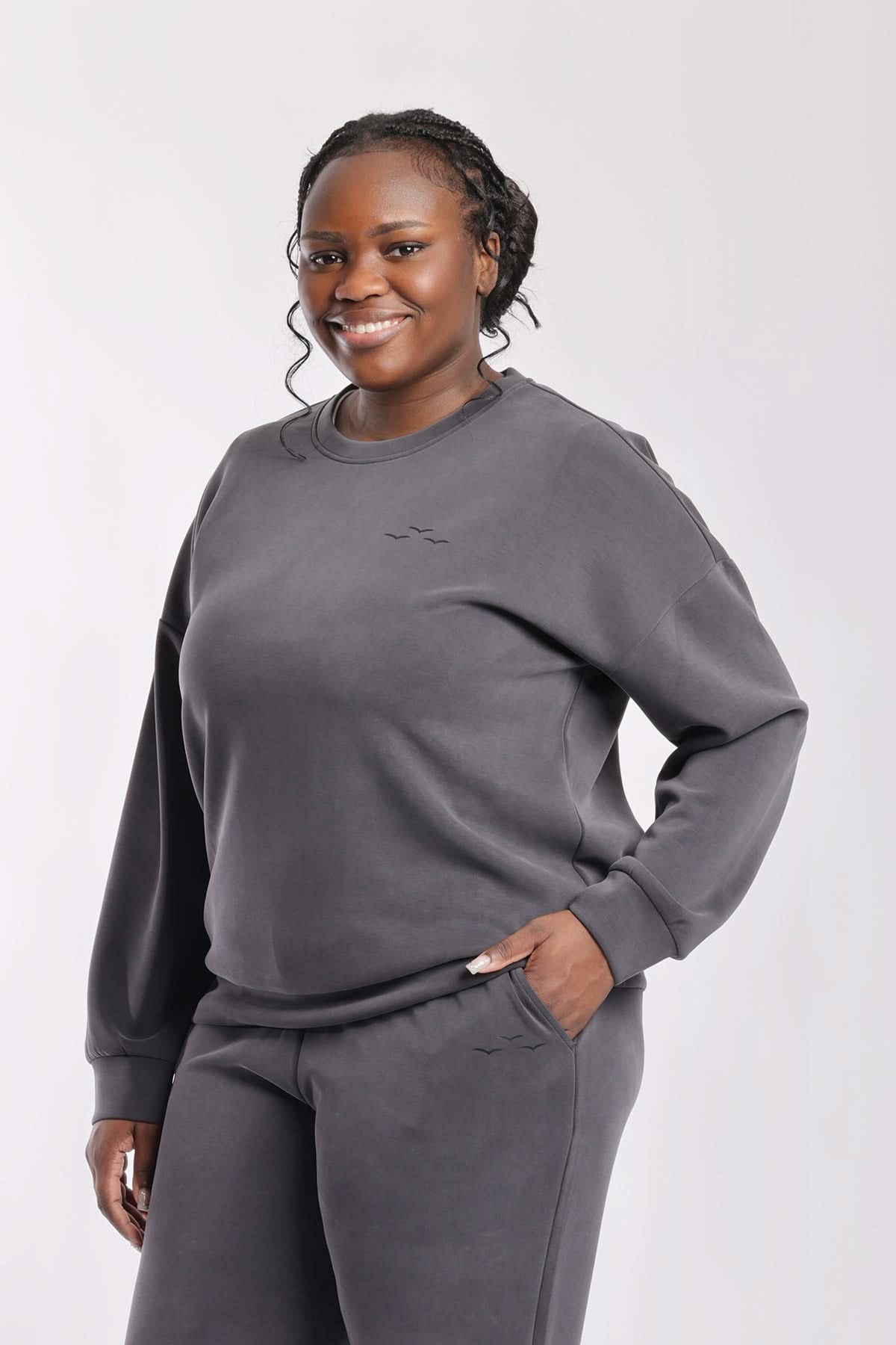 Premium luxe sueded double knit crewneck sweatshirt in charcoal