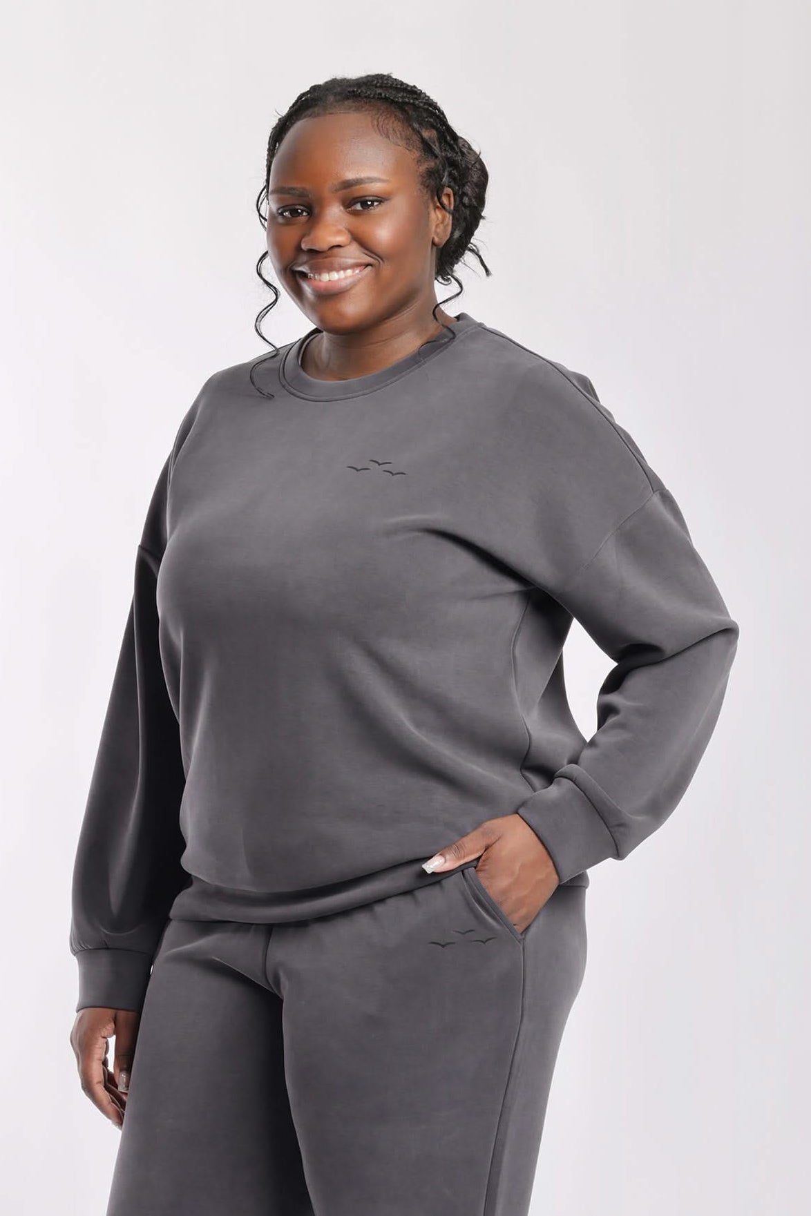 Luxe sueded double knit crewneck sweatshirt in charcoal - Lazypants