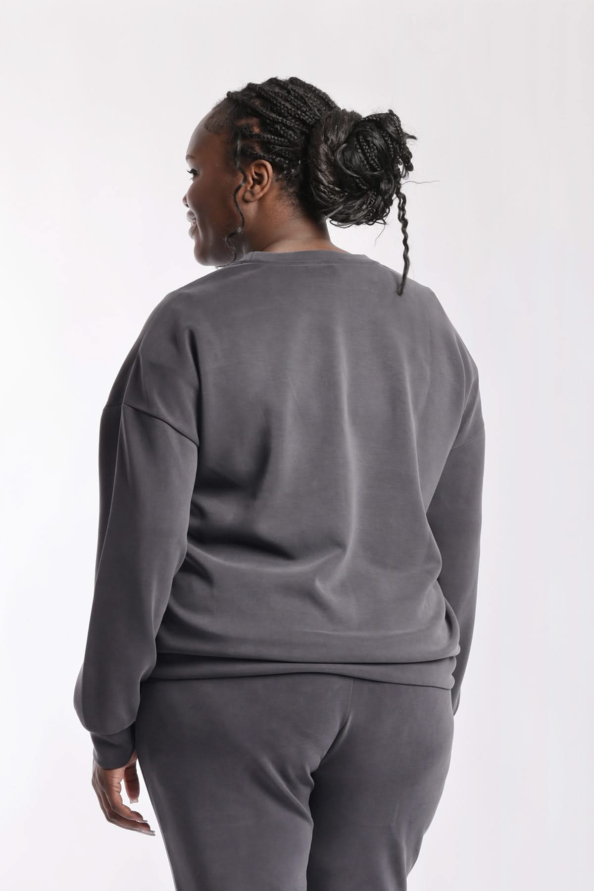 Premium luxe sueded double knit crewneck sweatshirt in charcoal