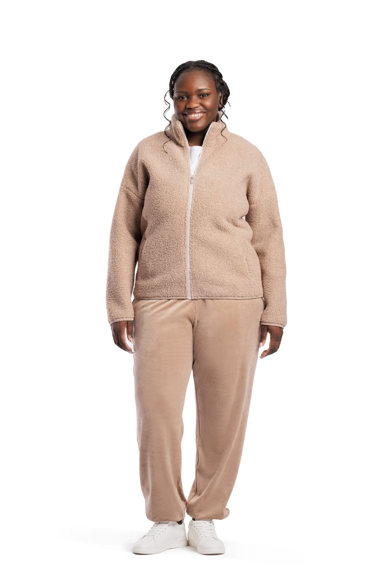 Sara Teddy sherpa zip up jacket in warm taupe - Lazypants