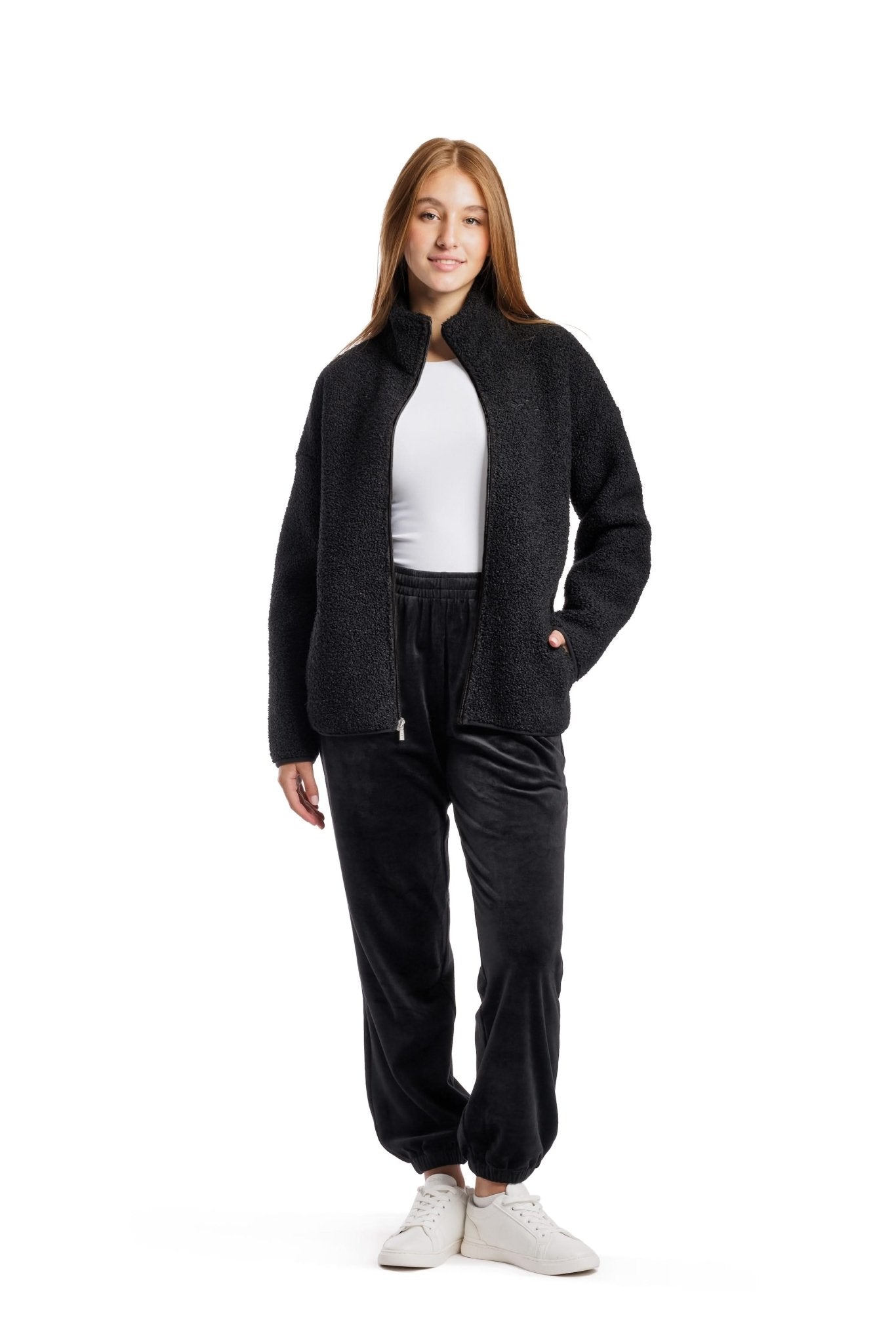 Sara Teddy sherpa zip up jacket in black - Lazypants
