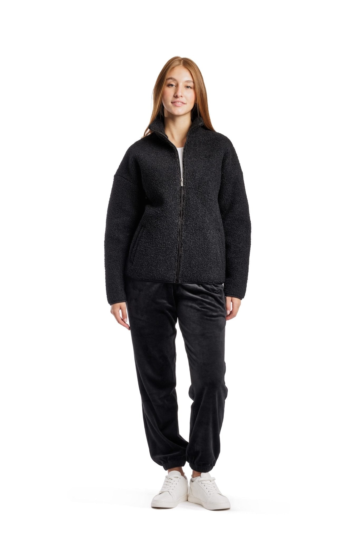 Sara Teddy sherpa zip up jacket in black - Lazypants