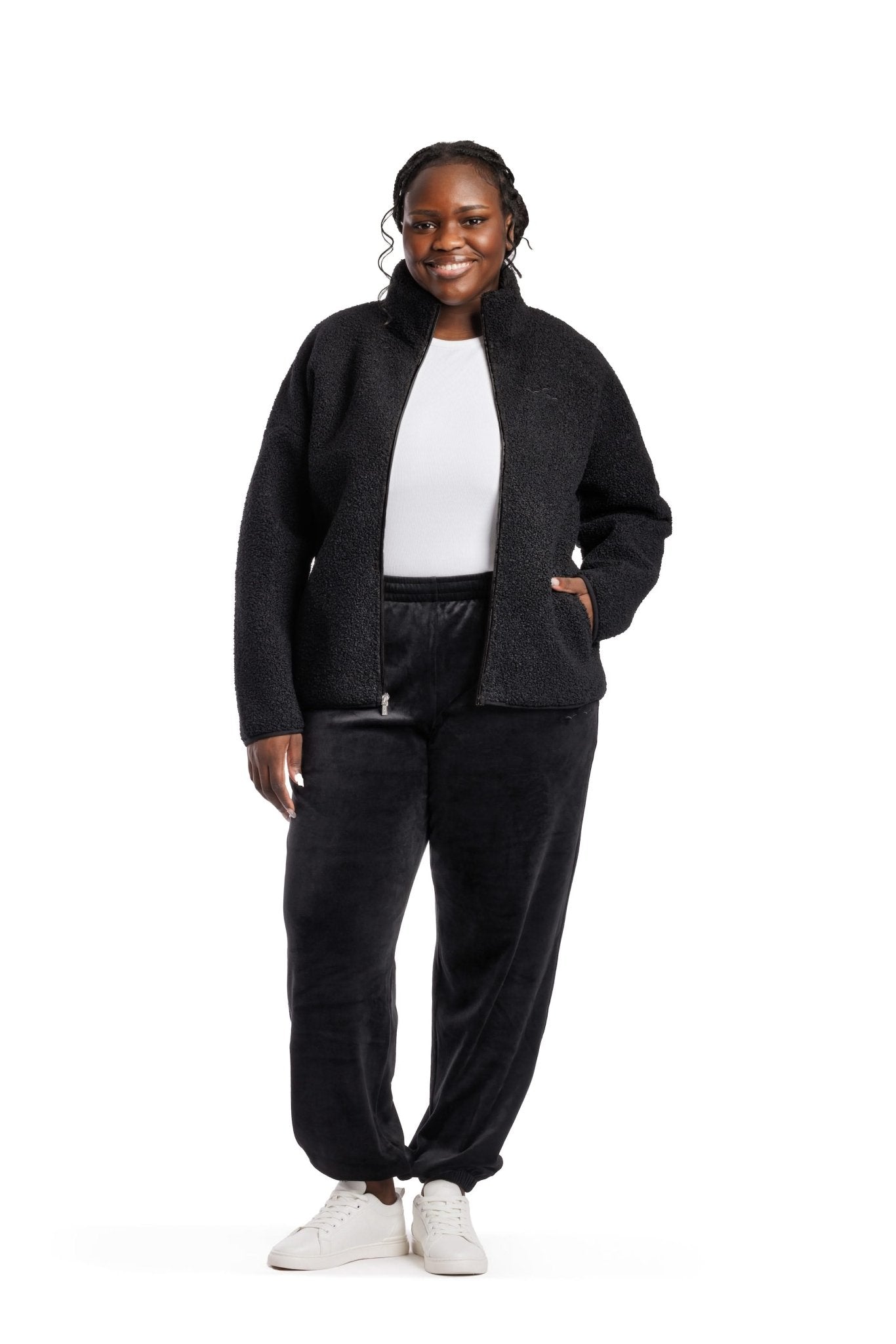 Sara Teddy sherpa zip up jacket in black - Lazypants