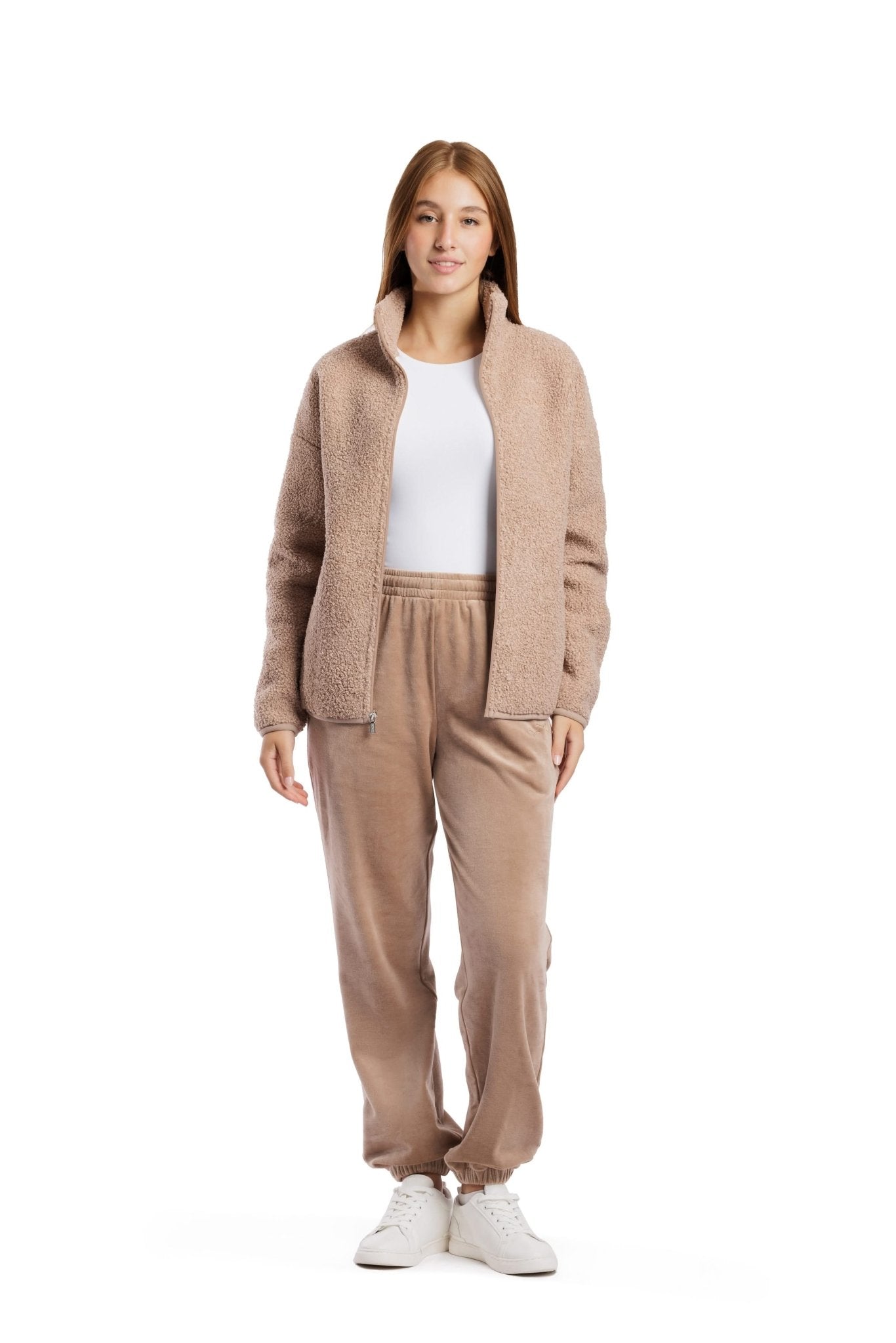 Sara Teddy sherpa zip up jacket in warm taupe - Lazypants