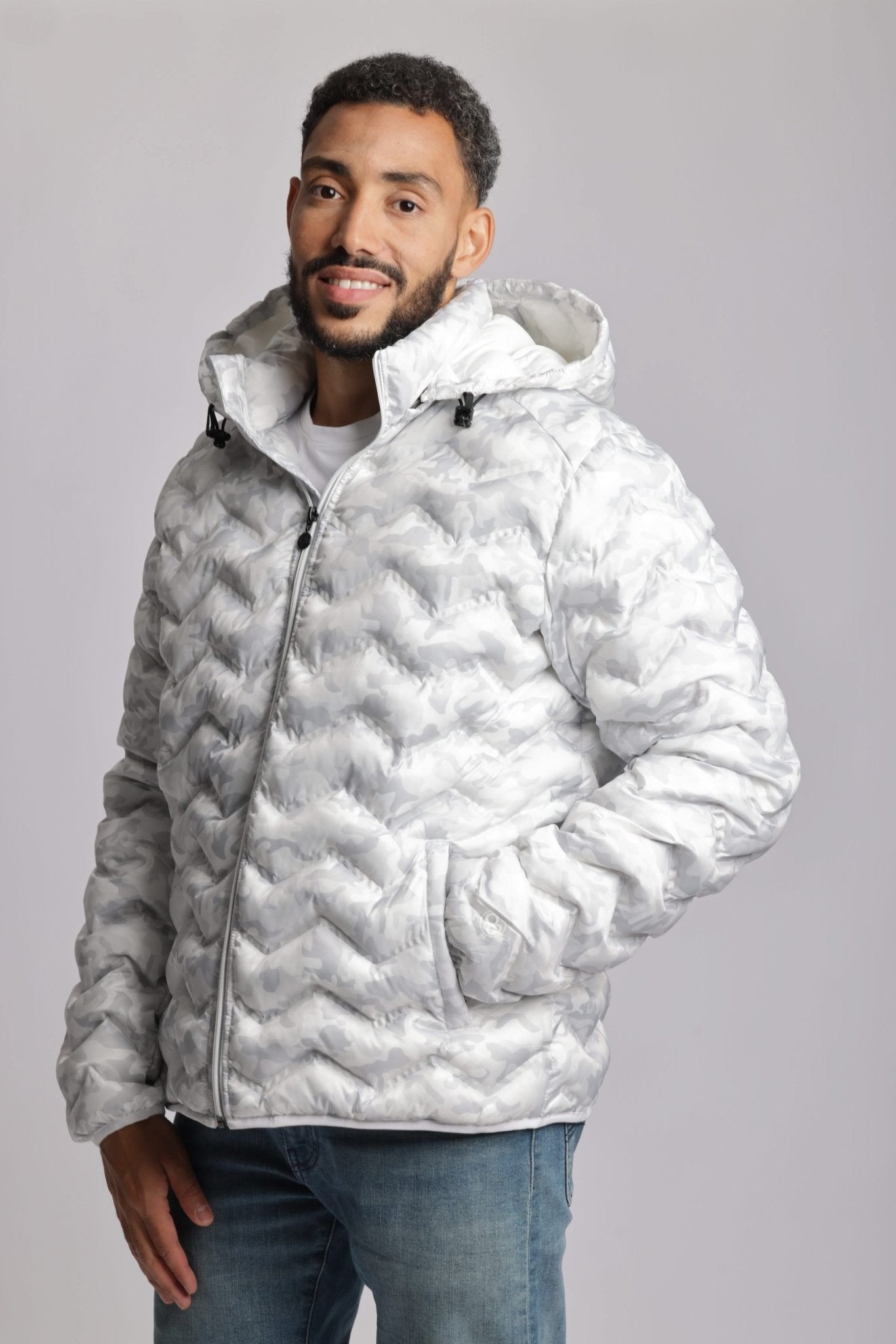 Men's packable puffer jacket in white camo - Lazypants