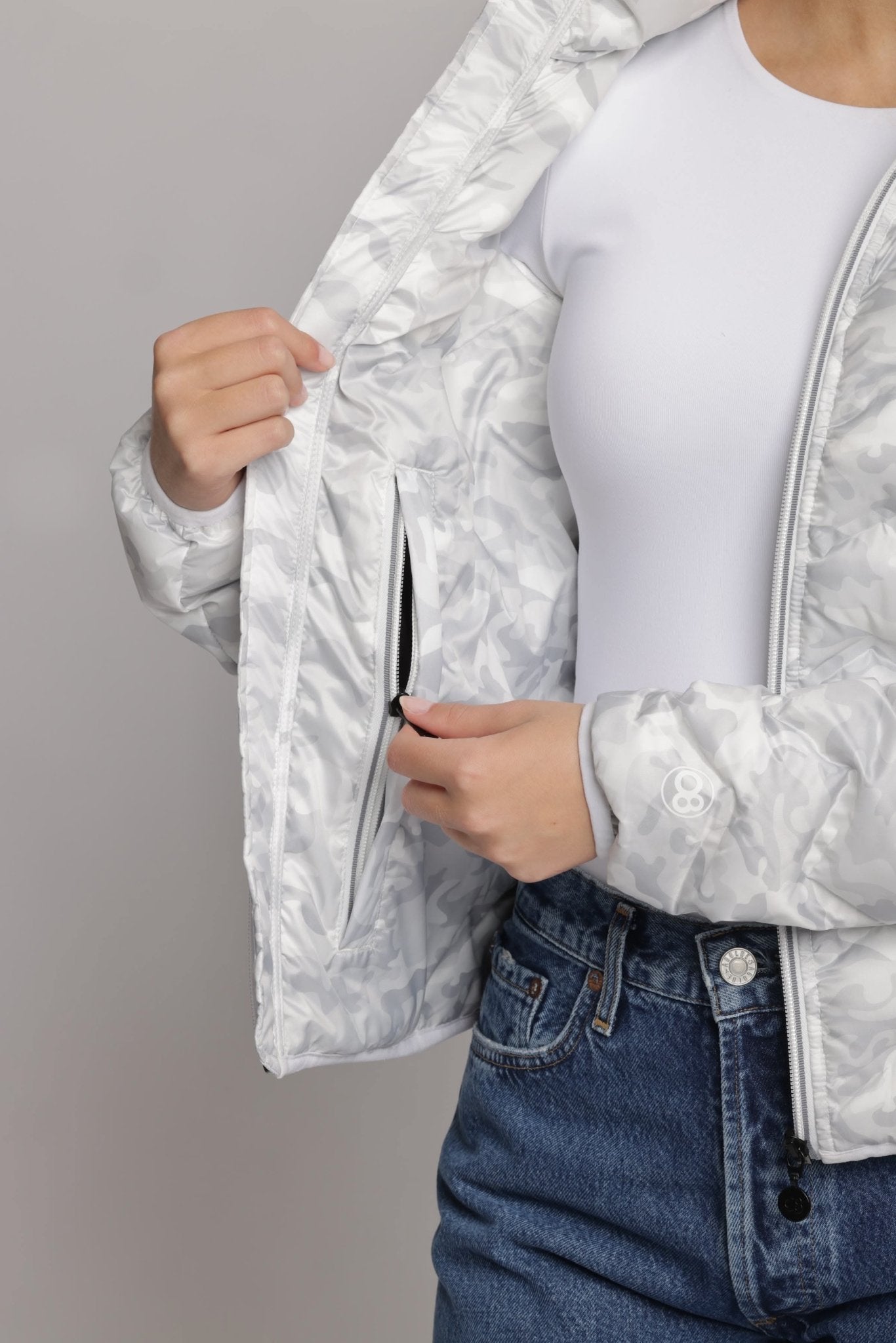 Women's packable puffer jacket in white camo - Lazypants