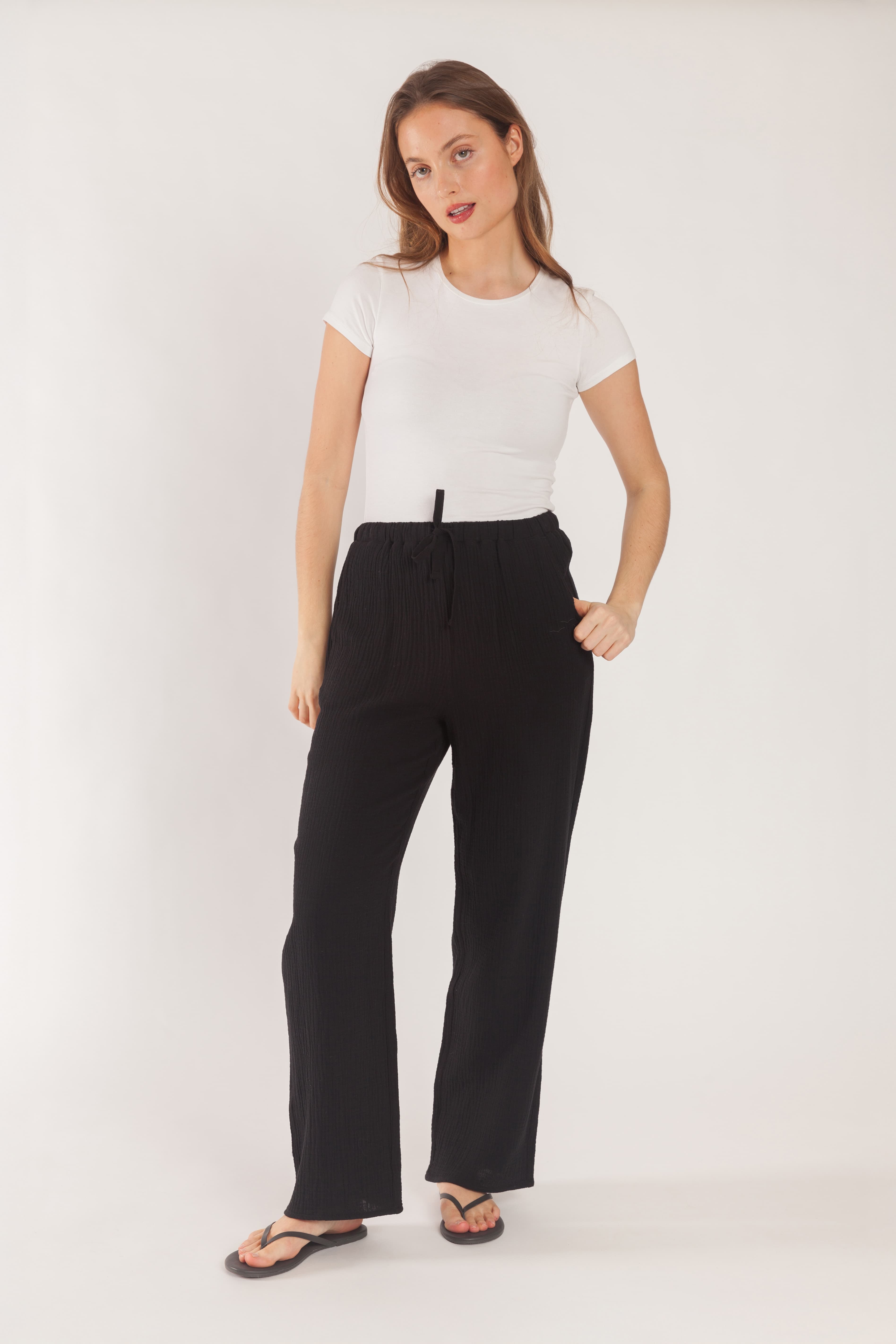 Rielle Cotton Gauze straight leg pants in black