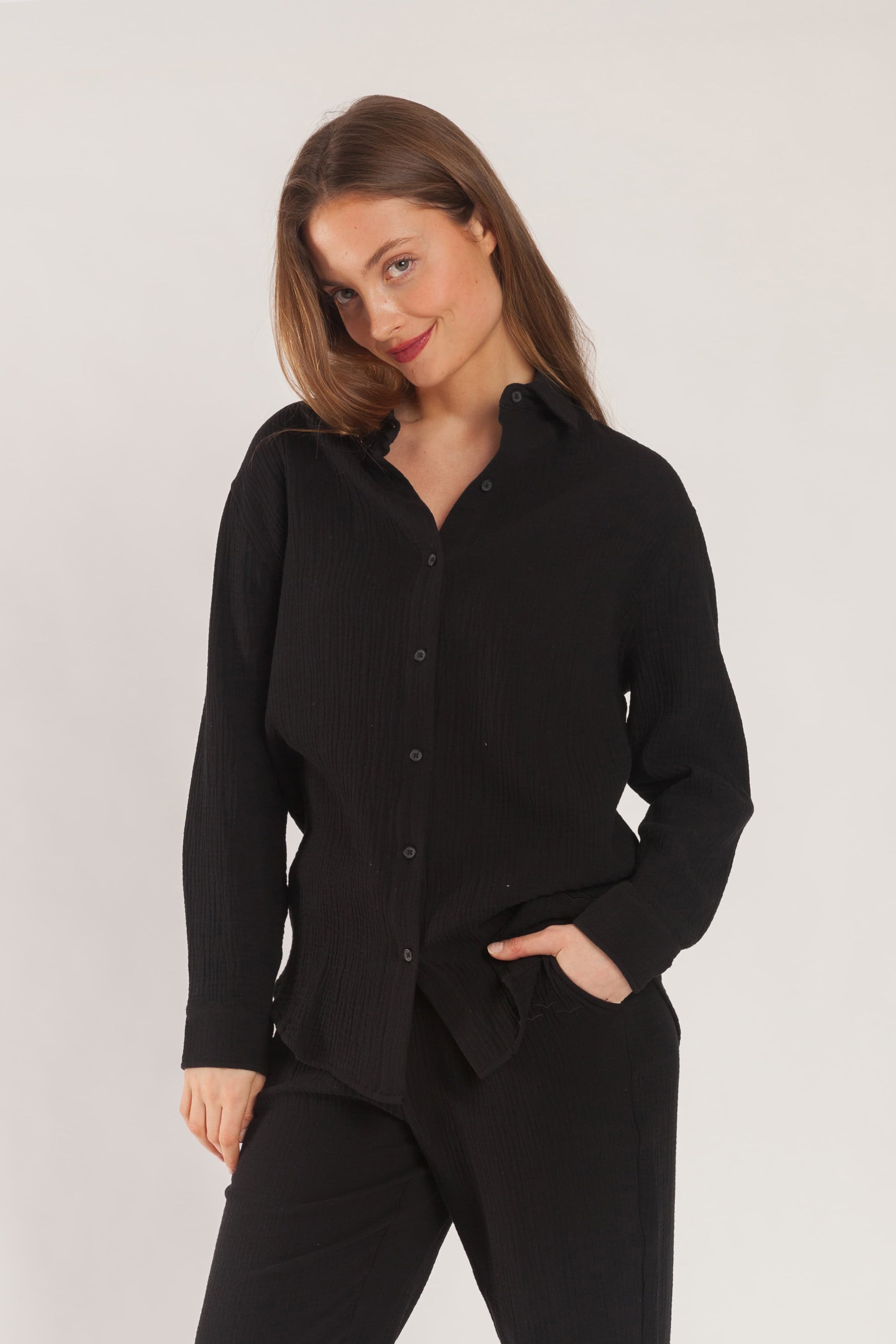 Clarisse cotton gauze button up shirt in black