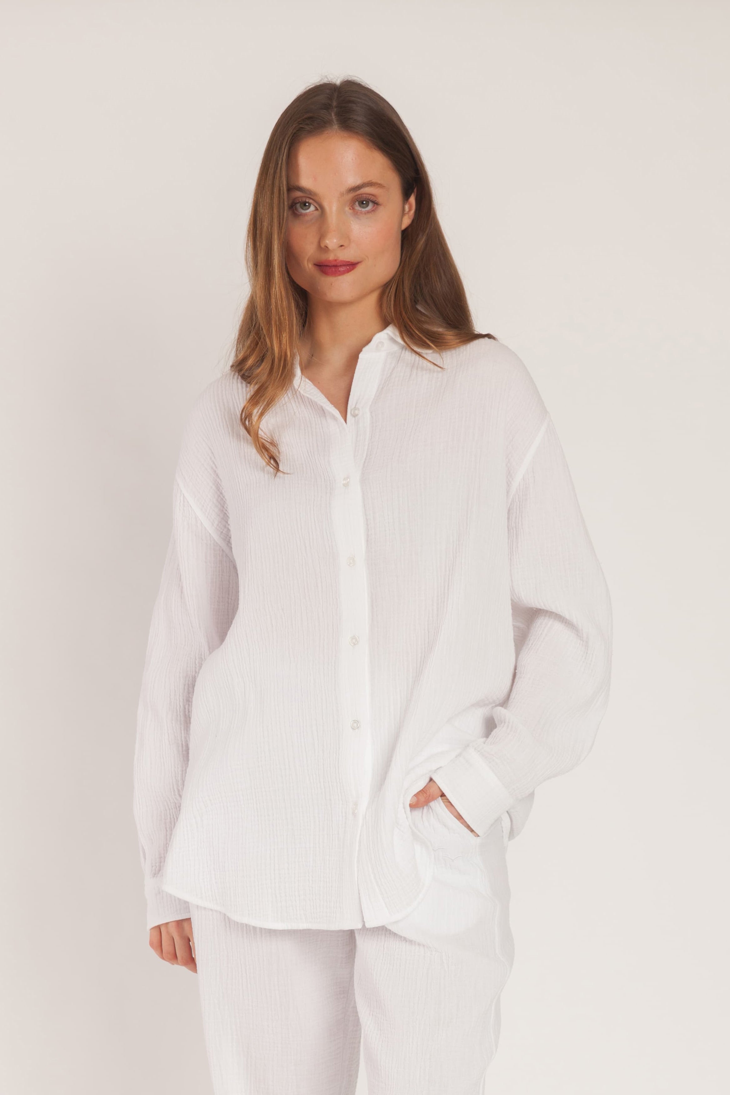 Clarisse cotton gauze button up shirt in white