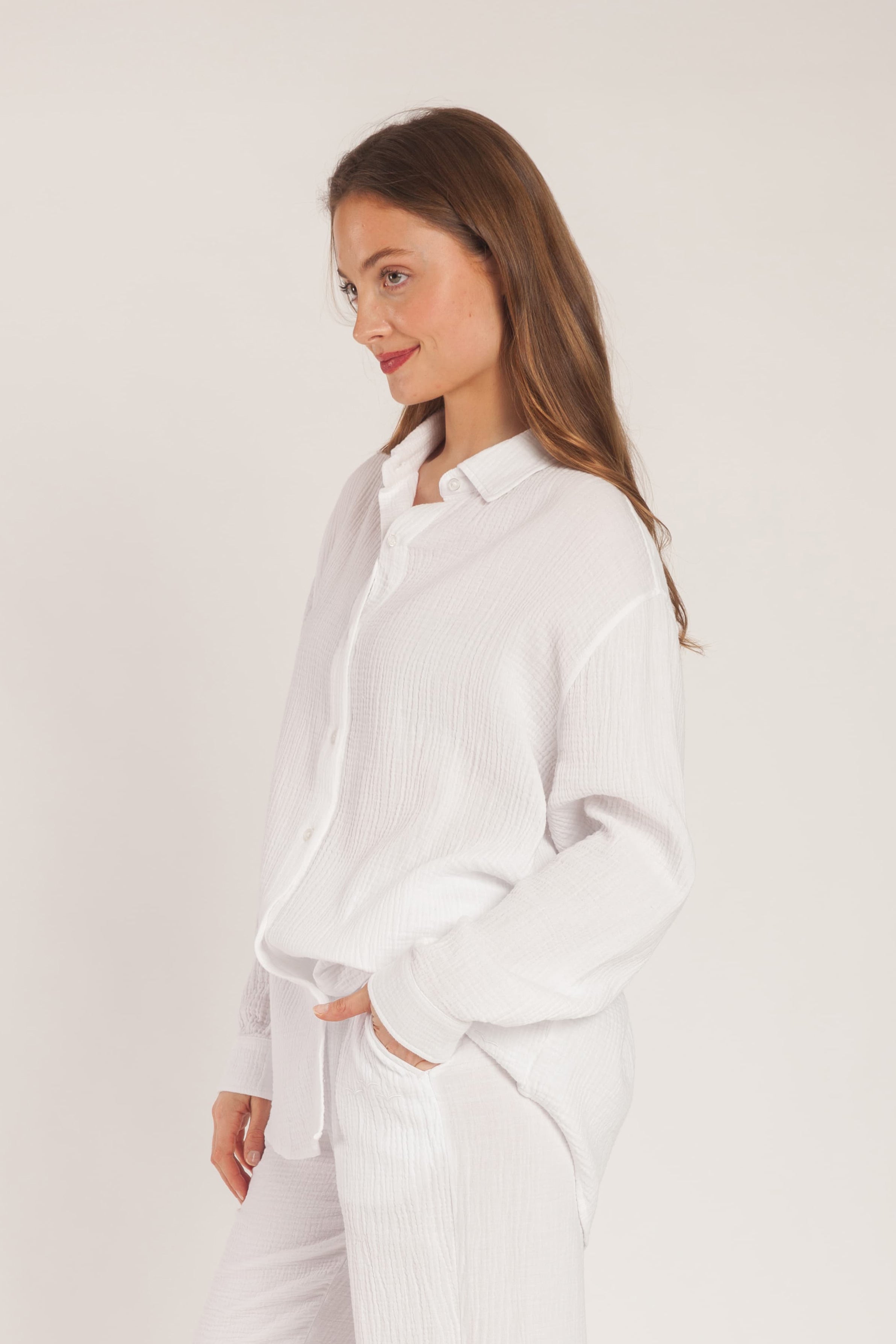 Clarisse cotton gauze button up shirt in white