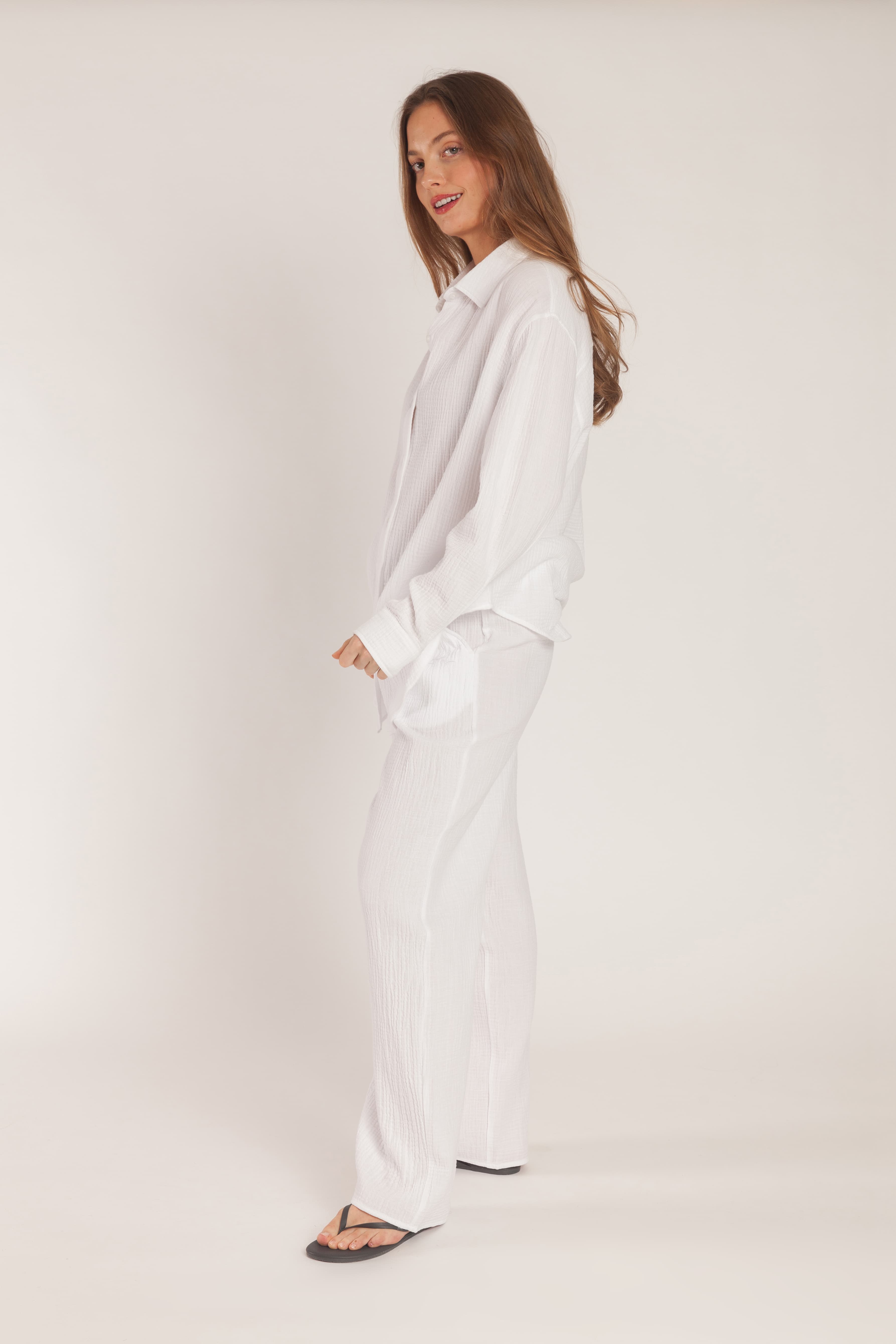 Clarisse cotton gauze button up shirt in white