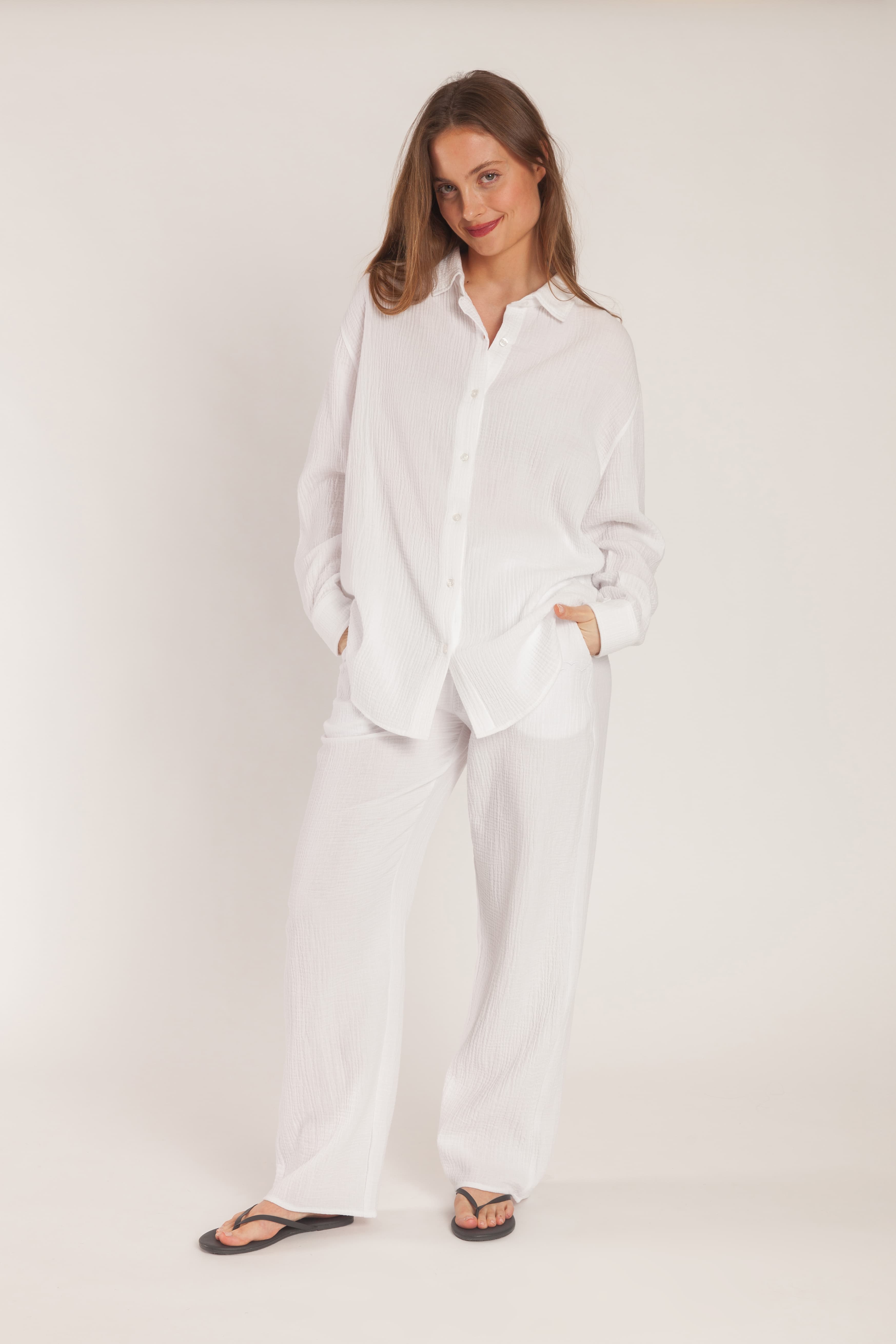 Clarisse cotton gauze button up shirt in white