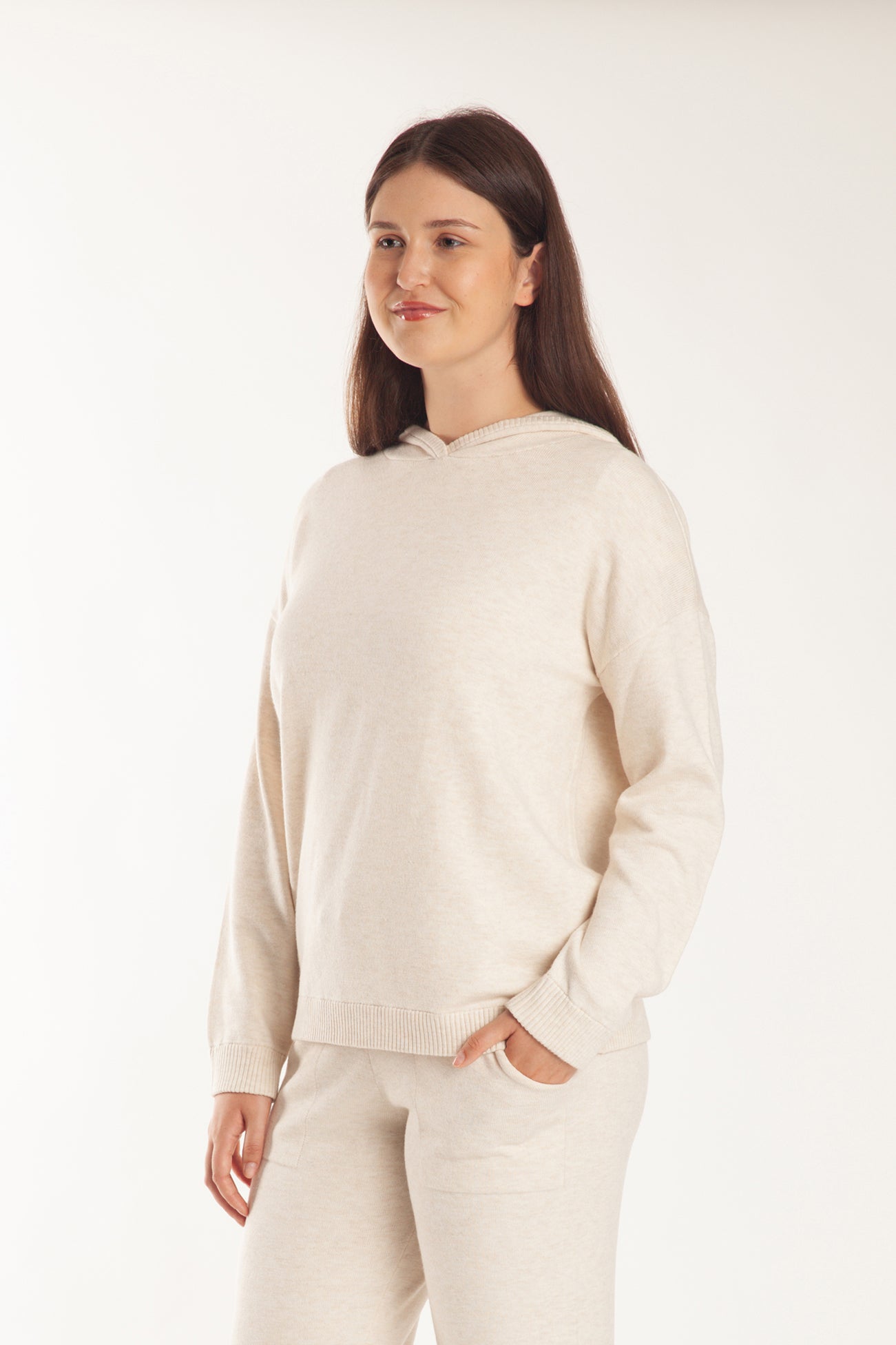 Sweater Knit Hoodie in Heather Beige - Lazypants
