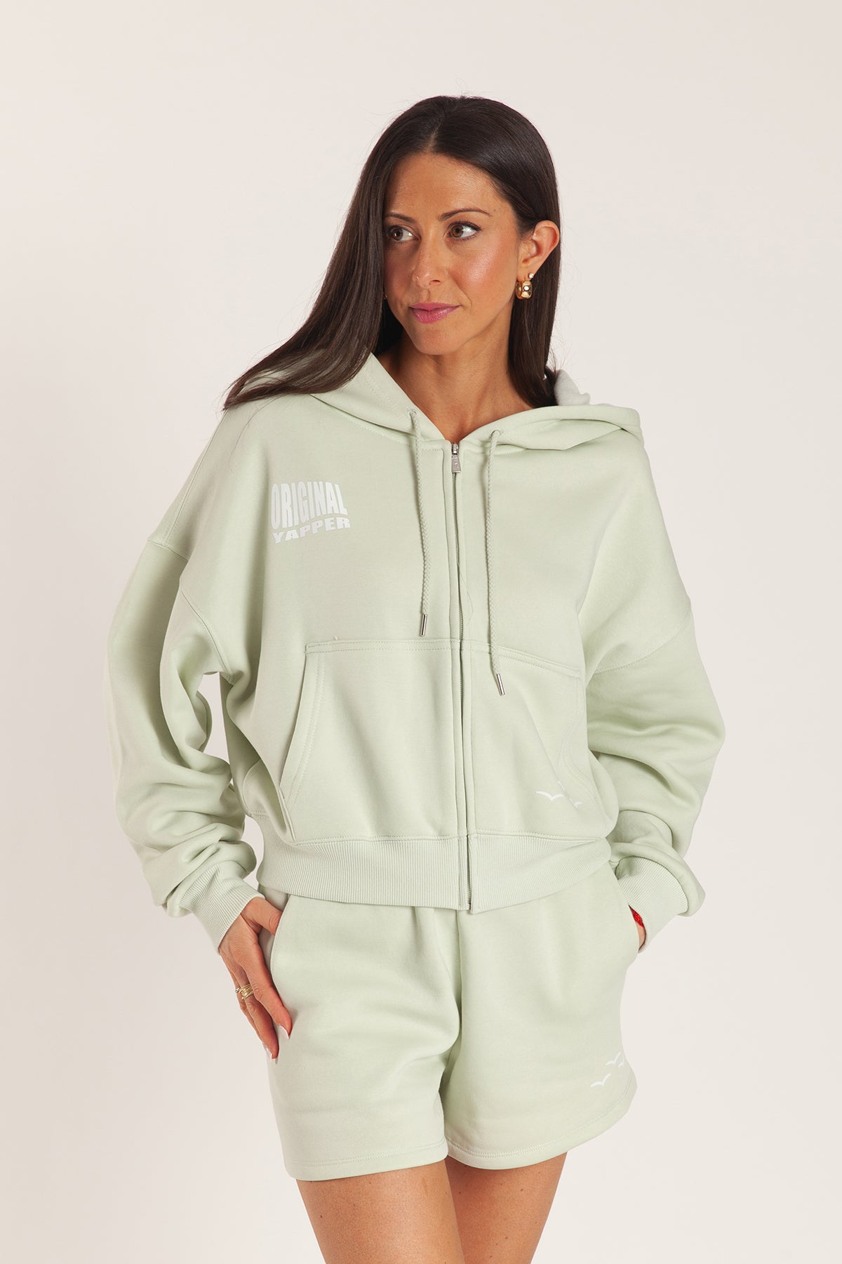 Original Yapper Zip Up Hoodie in silver green