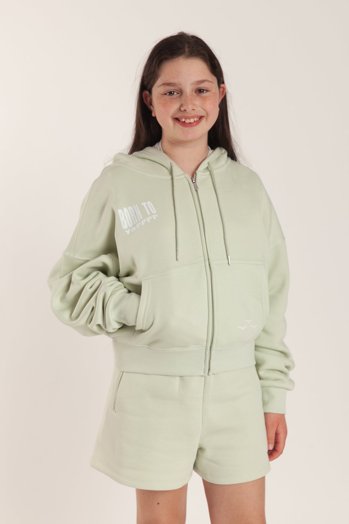 Born to Yap Zip Up Hoodie in silver green