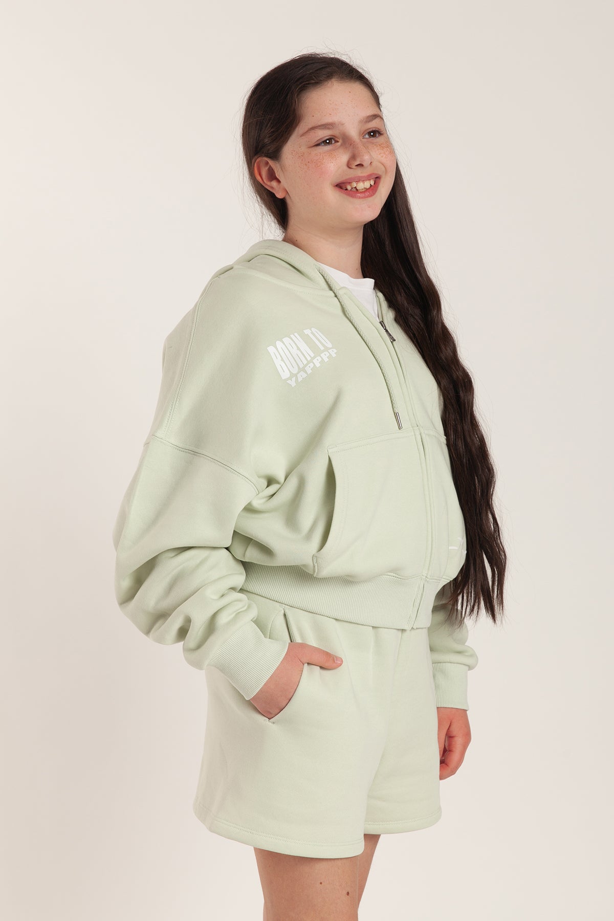 Born to Yap Zip Up Hoodie in silver green