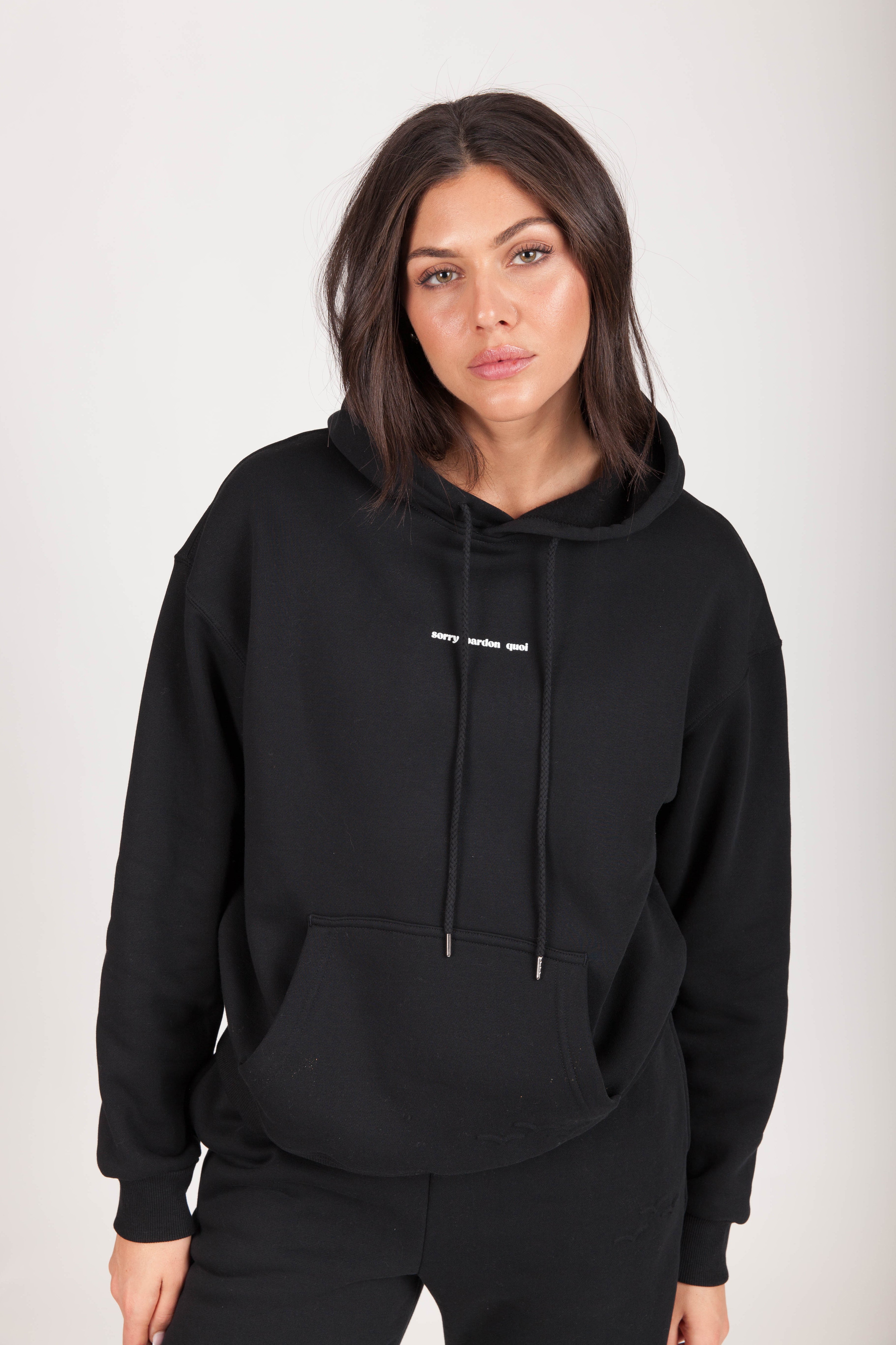 "SORRY PARDON QUOI" Women's Hoodie in Black - Lazypants