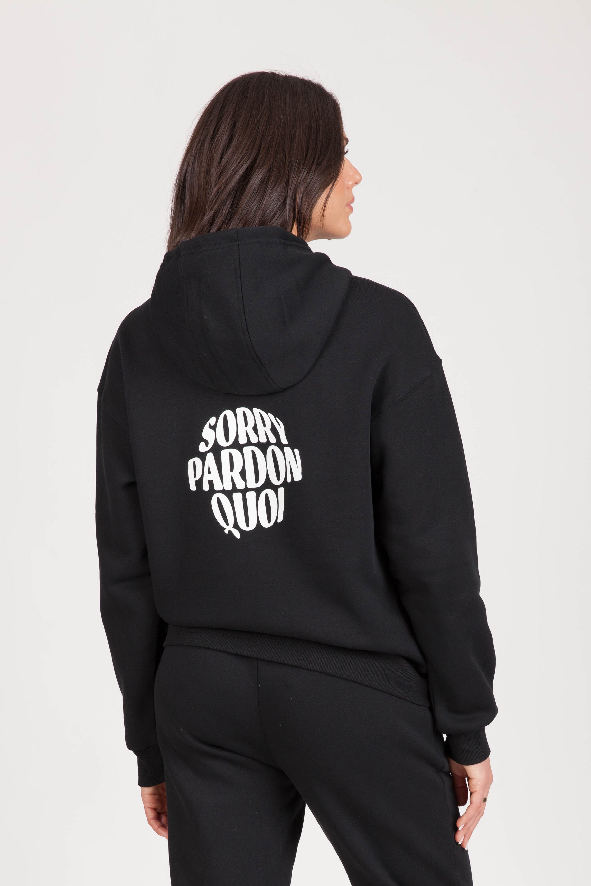 "SORRY PARDON QUOI" Women's Hoodie in Black - Lazypants