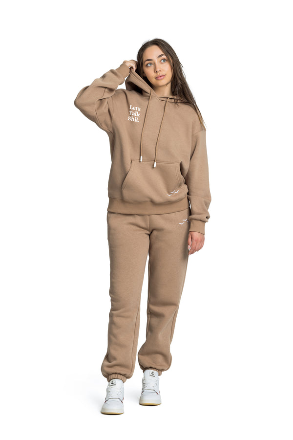 Let’s Talk Shit fleece sweatsuit in camel