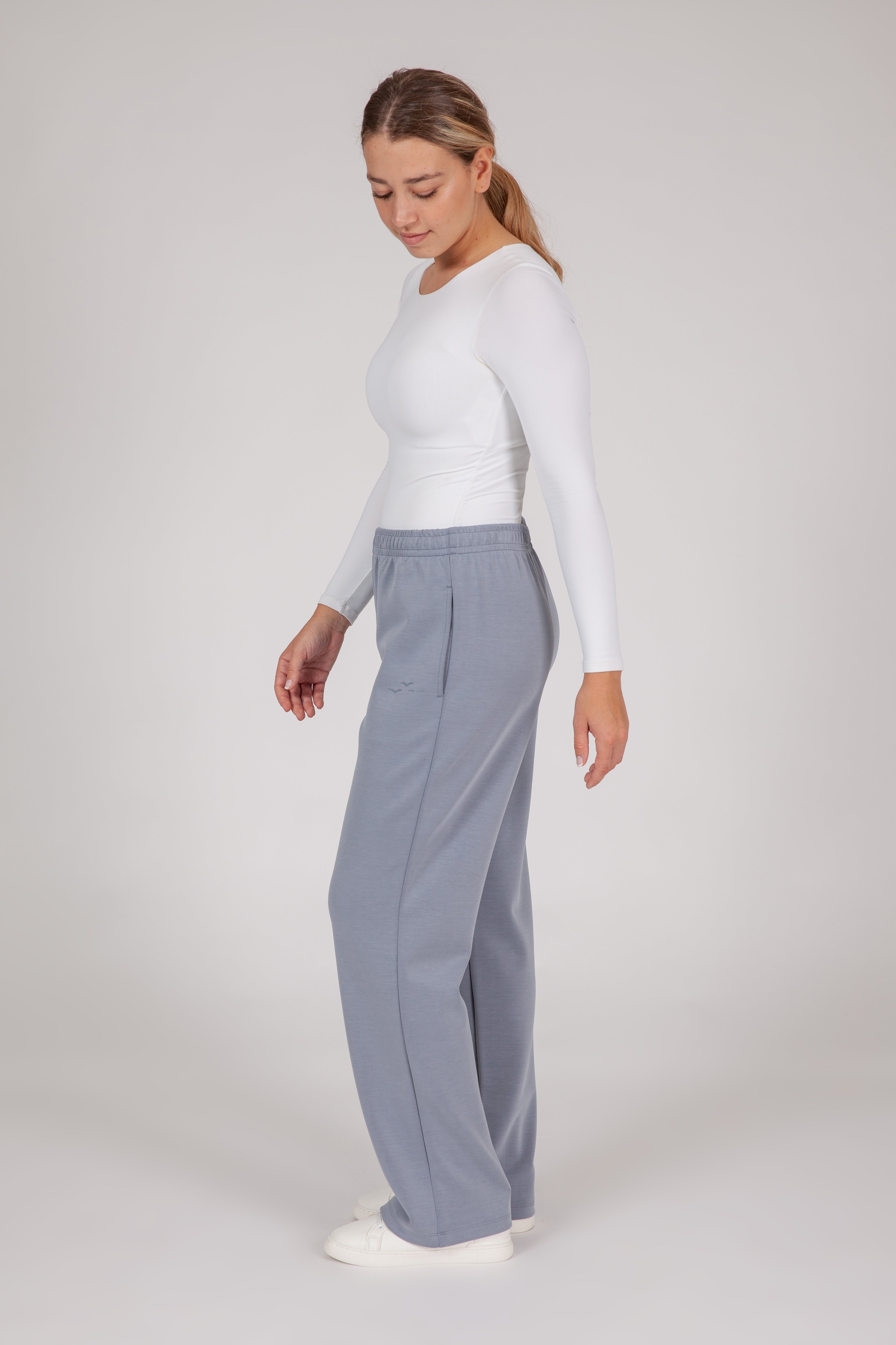 Premium luxe sueded scuba straight leg pant in dusty blue