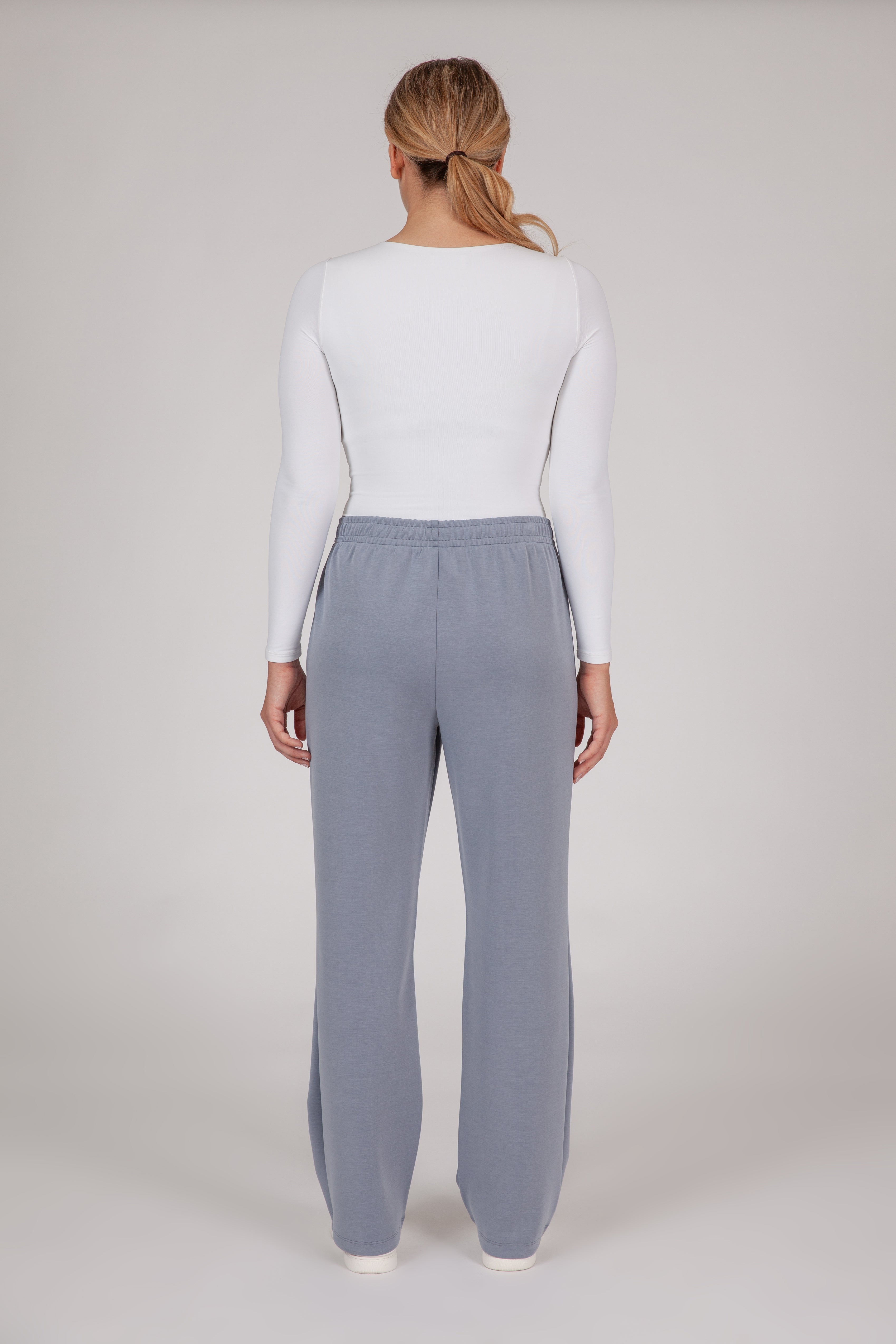 Premium luxe sueded scuba straight leg pant in dusty blue