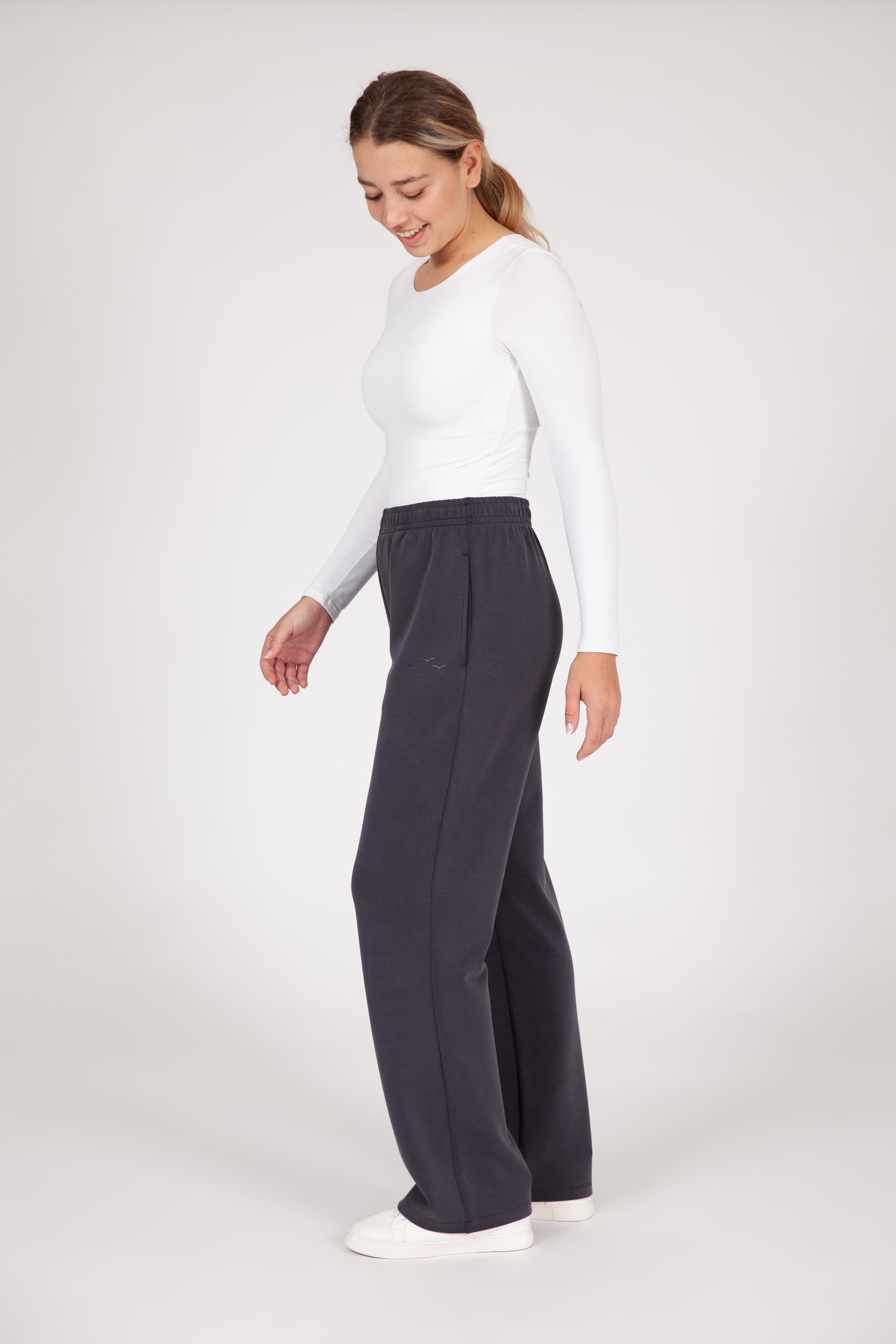 Premium luxe sueded scuba straight leg pant in charcoal