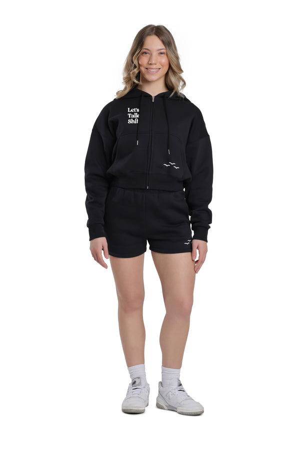 Let's Talk Shit zip up and shorts in black
