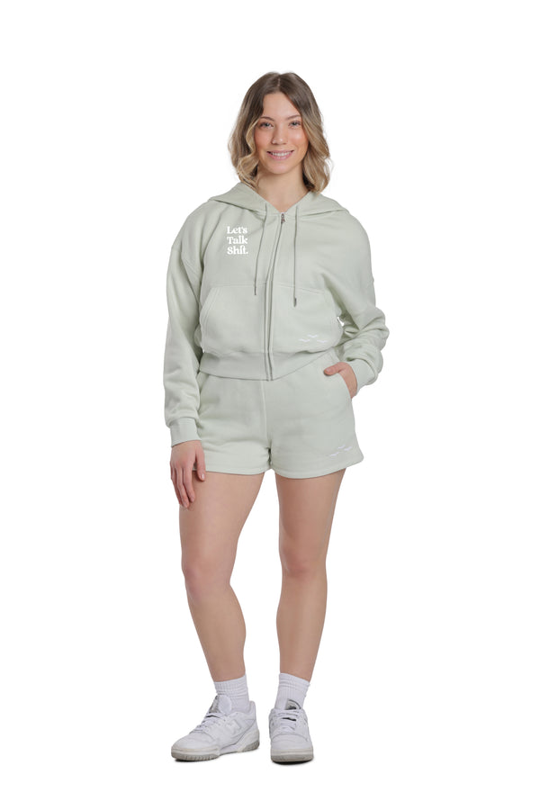 Let's Talk Shit zip up and shorts in silver green