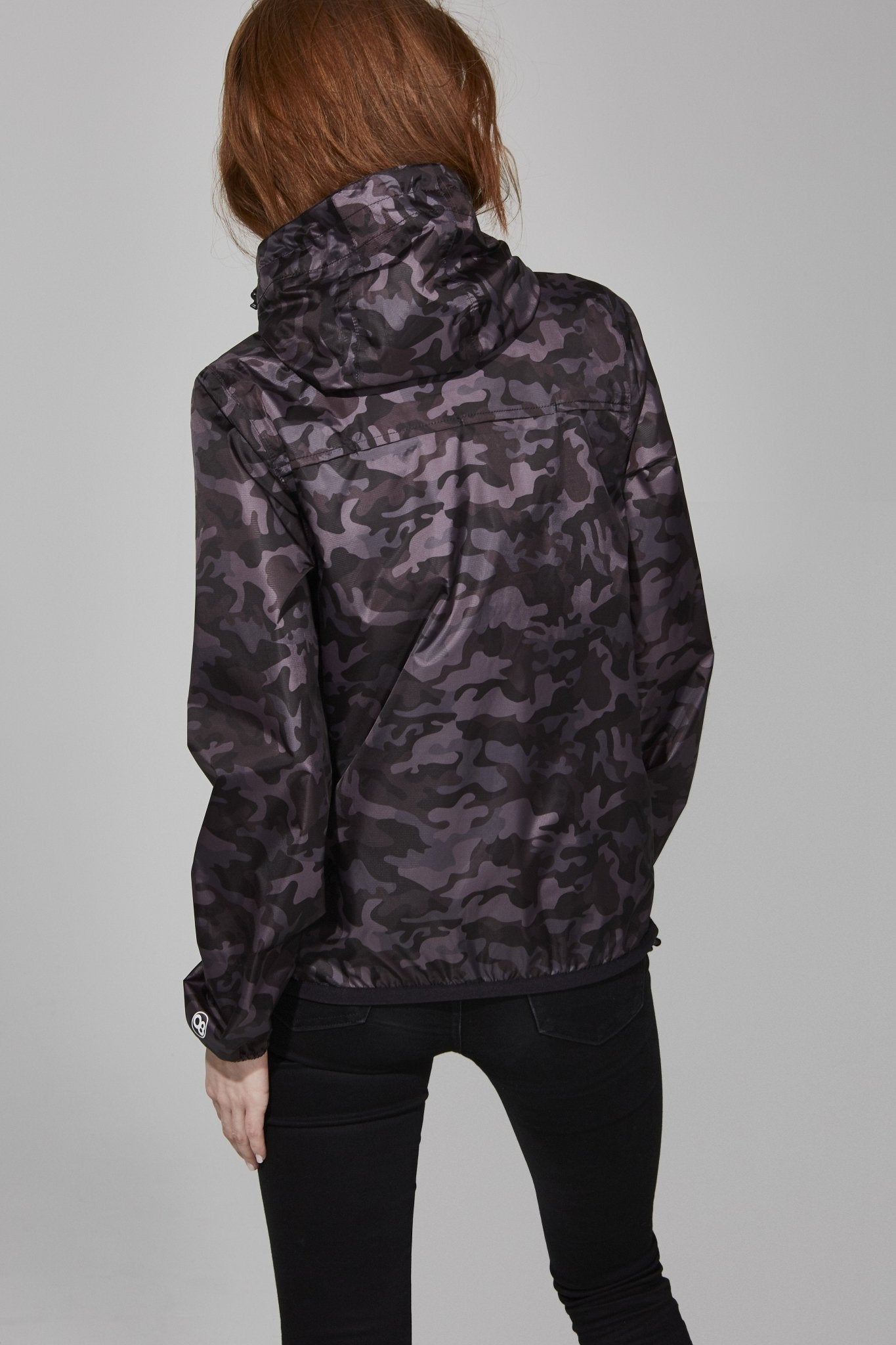 Women's black Camo Full Zip Packable Rain Jacket and windbreaker - Lazypants