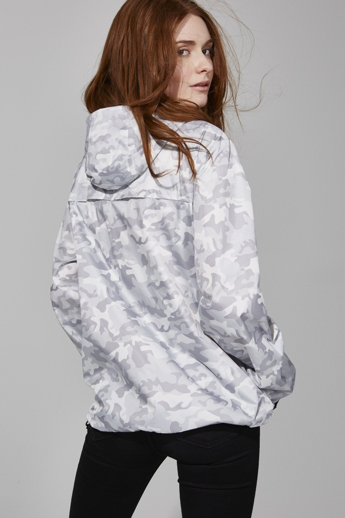 Women's White Camo Full Zip packable rain jacket and windbreaker - Lazypants