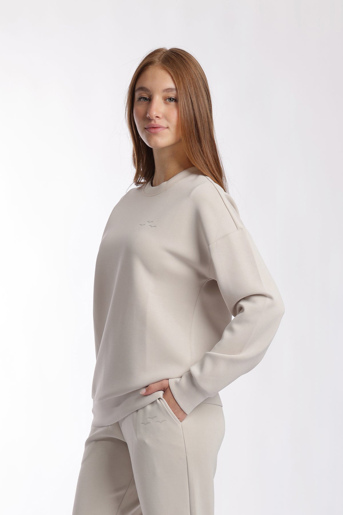 Premium luxe sueded scuba crewneck sweatshirt in bone