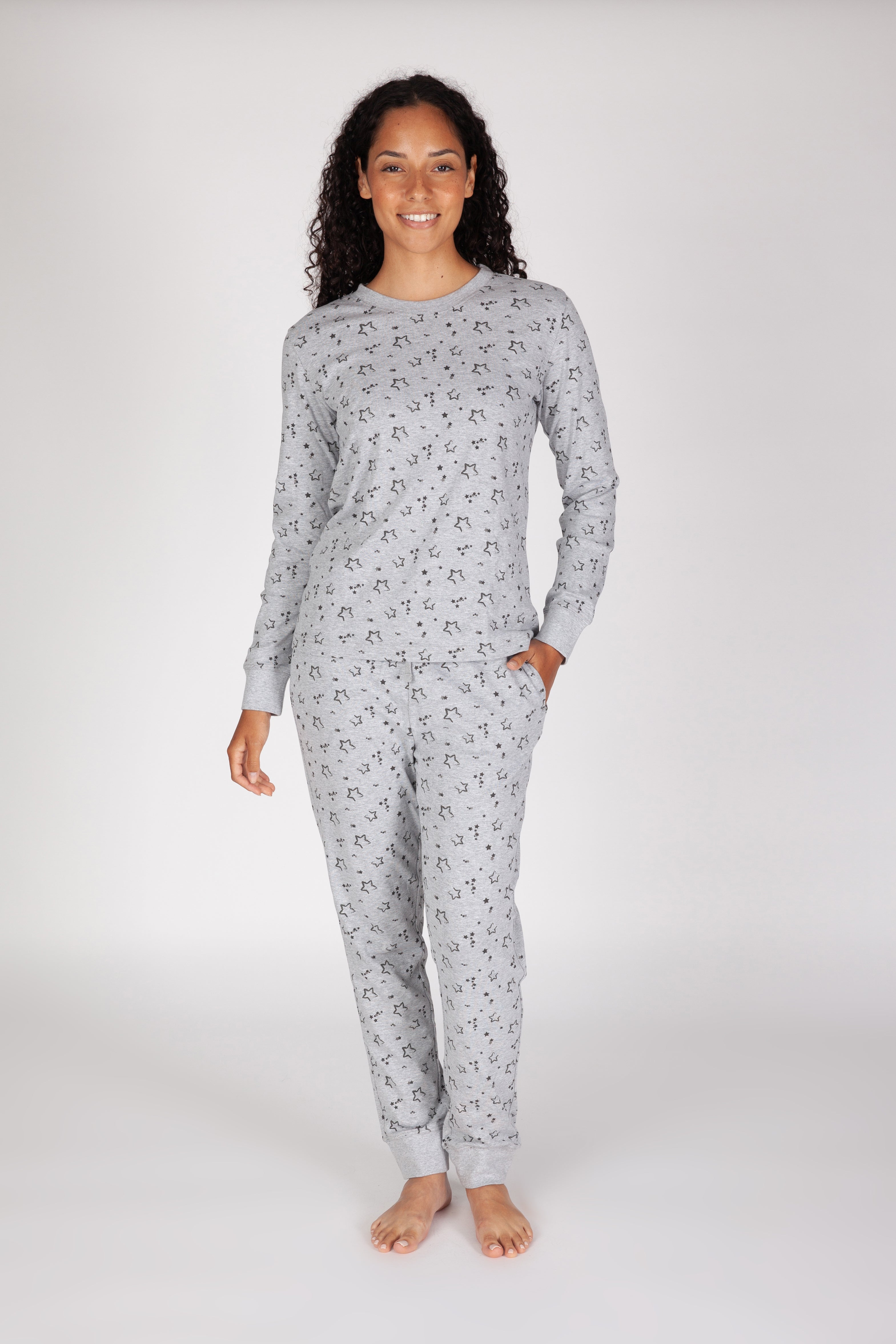 Women's Cotton Pajama Set in grey stars