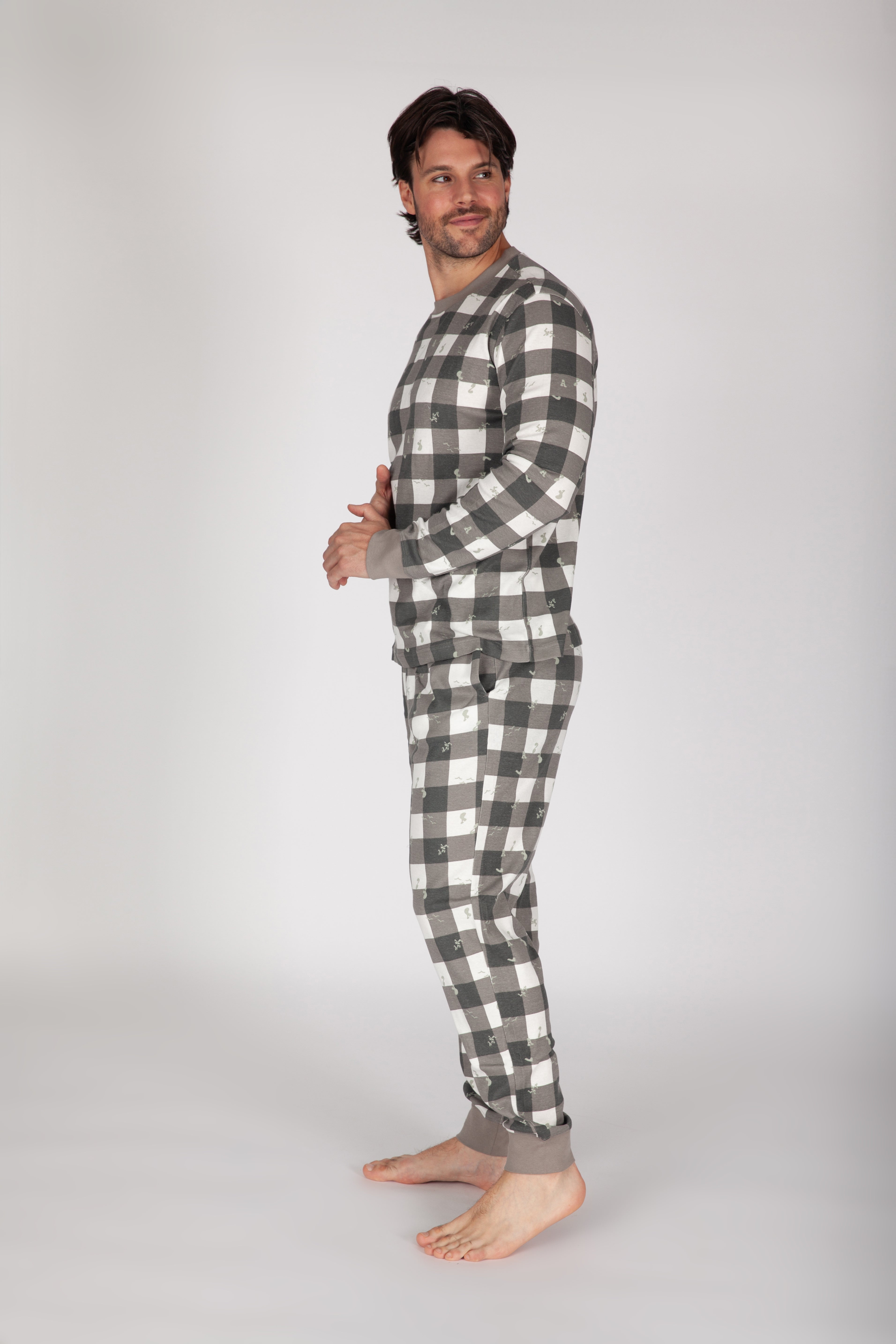 Men's Cotton Pajama Set in Lazy Bird Plaid